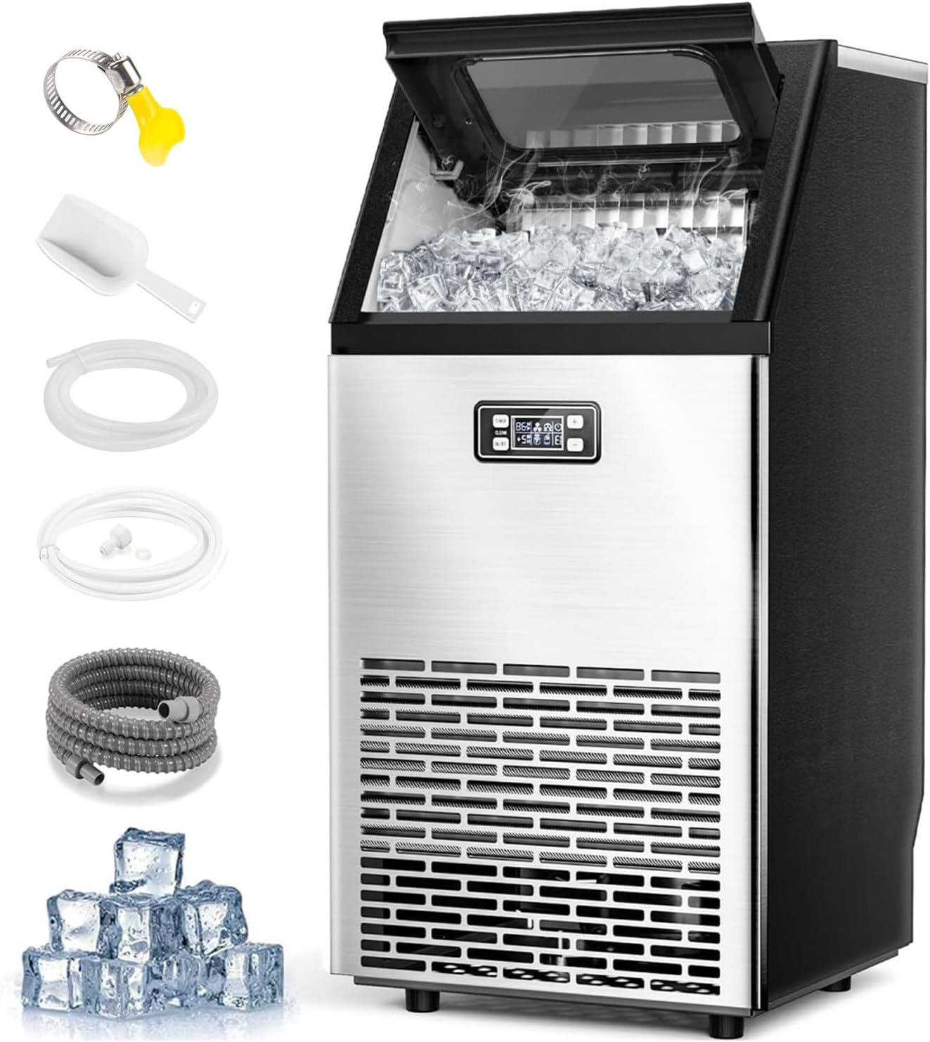 Joy Pebble V2.0 Commercial Ice Maker,100 lbs,2-Way Add Water,Under Counter Ice Maker Self Cleaning,Ice Machine with 24 Hour Timer,33 lbs Basket,Stainless Steel Ice Makers for School,Home,Bar,RV