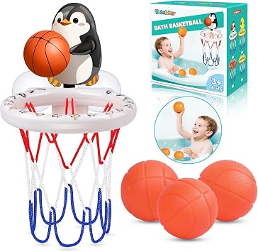 Bath Toys, Bathtub Basketball Hoop for Toddler Kids, 3 Soft No Hole Balls & Bath Basketball Hoop with Strong Suction Cup, Black & White Penguin Baby Shower Bath Toys Set for Boys and Girls