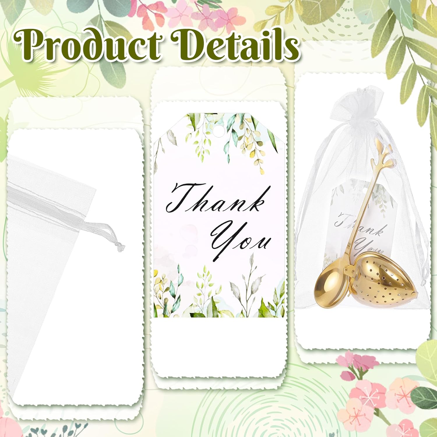 25 Sets Bridal Shower Tea Party Favor for Guests Heart Shape Infuser Ball Leaf Tea Spoon for Loose Teas with Thank You Cards Organza Bag Wedding Souvenir Teas Party Decorations (Gold)