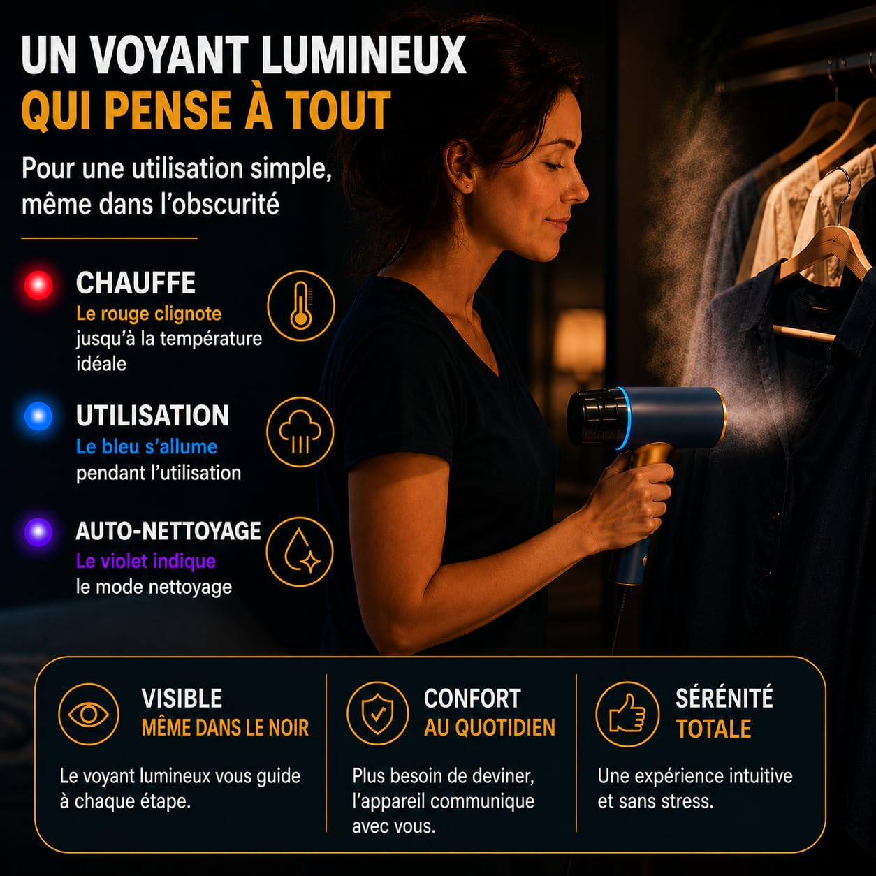 MISTIC Defroisseur Vapeur à Main Pliable, Steamer 1000W Portable pour Maison & Voyage, Defroisseur Vetement Prêt en 20s, Réservoir Amovible 200 ml, Câble long 2,5 m, Lumière LED, Brosse Clipsable