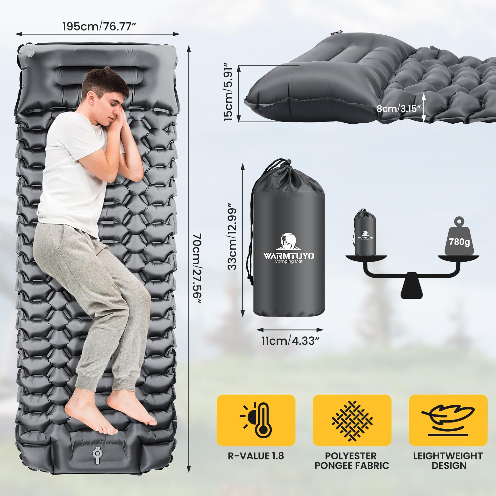 WARMTUYO Matelas isolant de camping, matelas gonflable ultra léger avec pompe à pied et oreiller, pliable, imperméable, anti-déchirure, pour randonnée, plage, extérieur