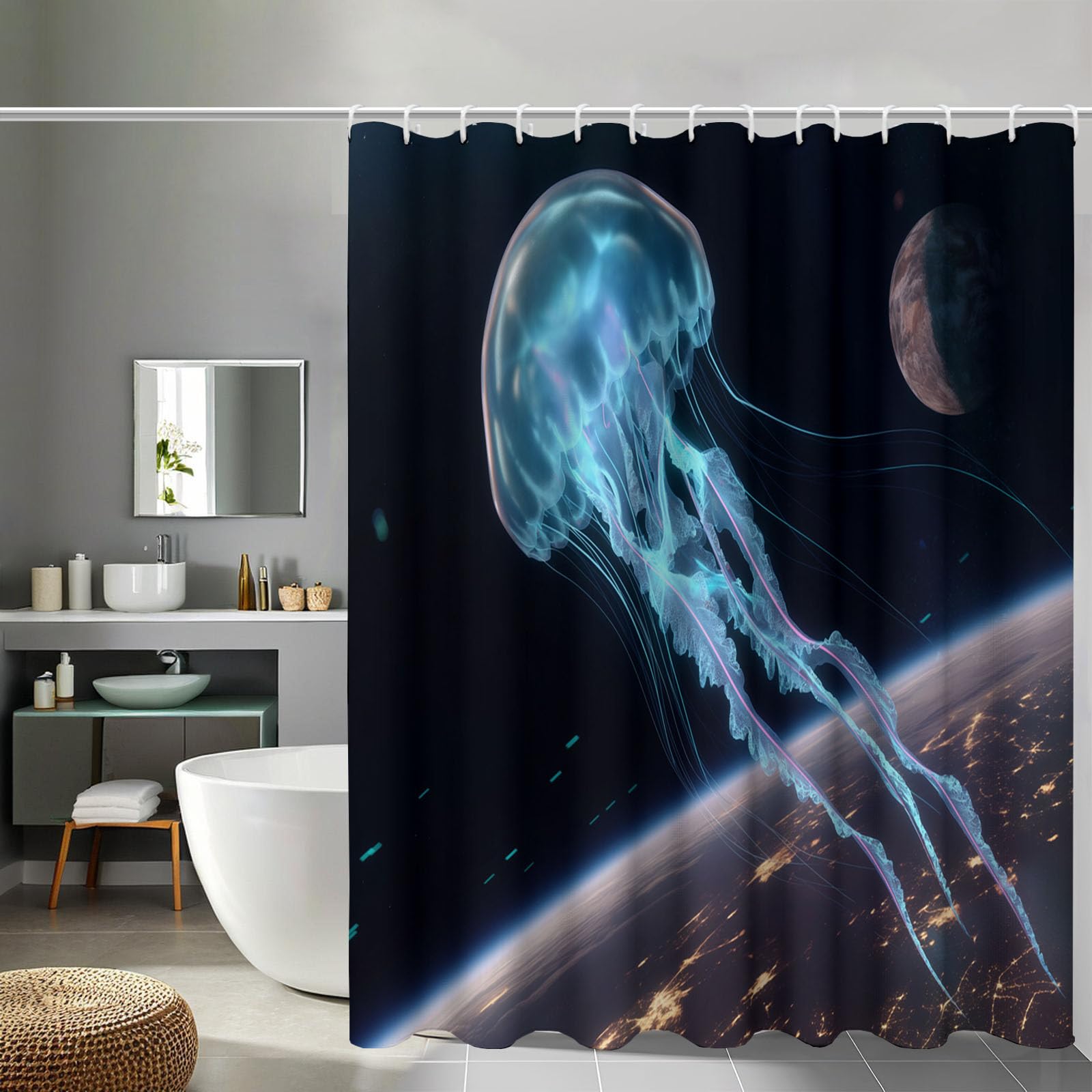 Rideau de douche lavable imperméable 240x200 avec anneaux salle de bain motif terre méduse