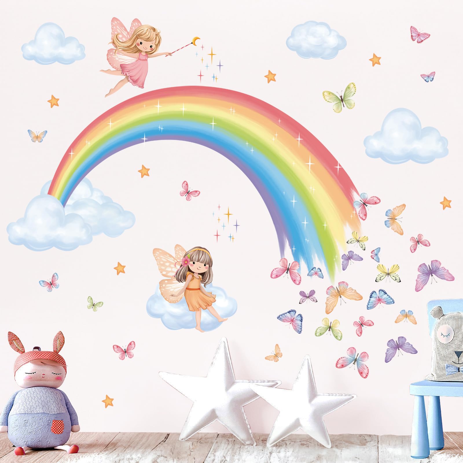 decalmile Rainbow Wall Decals Butterfly Fairy Pink Wall Stickers Girls Bedroom Baby Nursery Playroom Wall Decor Gifts for Girls