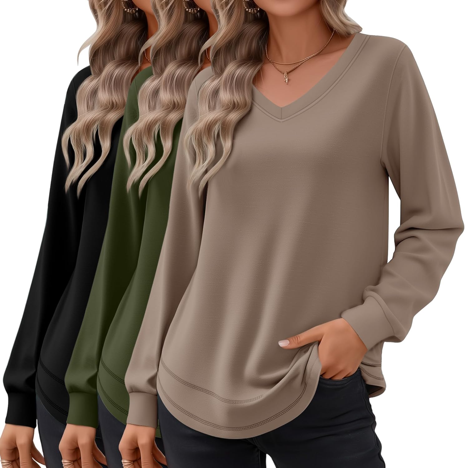 Riyiper 3 Pack Women's Long Sleeve Sweatshirts, Cotton V Neck Tops Loose Fit Curved Hem Tunic Tops Basic Casual Fall Shirts