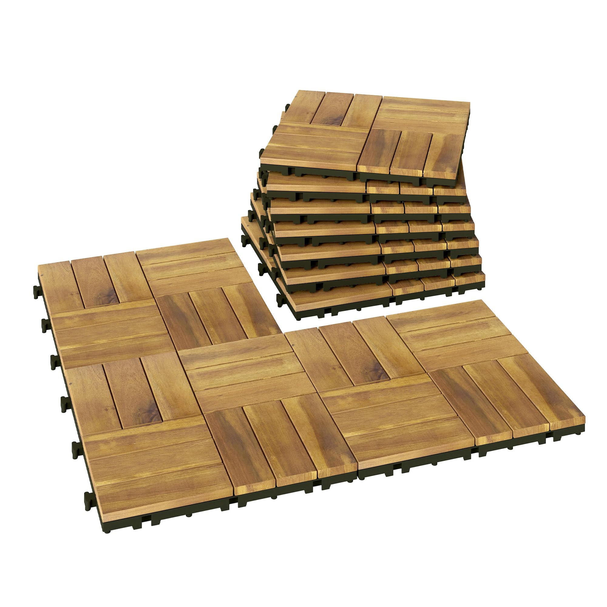 Outsunny Set de 10 Piezas Baldosas de Exterior de Madera de Acacia, 31x31 cm, 0,91 m², Suelo de Terraza Exterior, Antideslizantes y Resistentes al Clima, Fácil Instalación, para Terraza, Natural