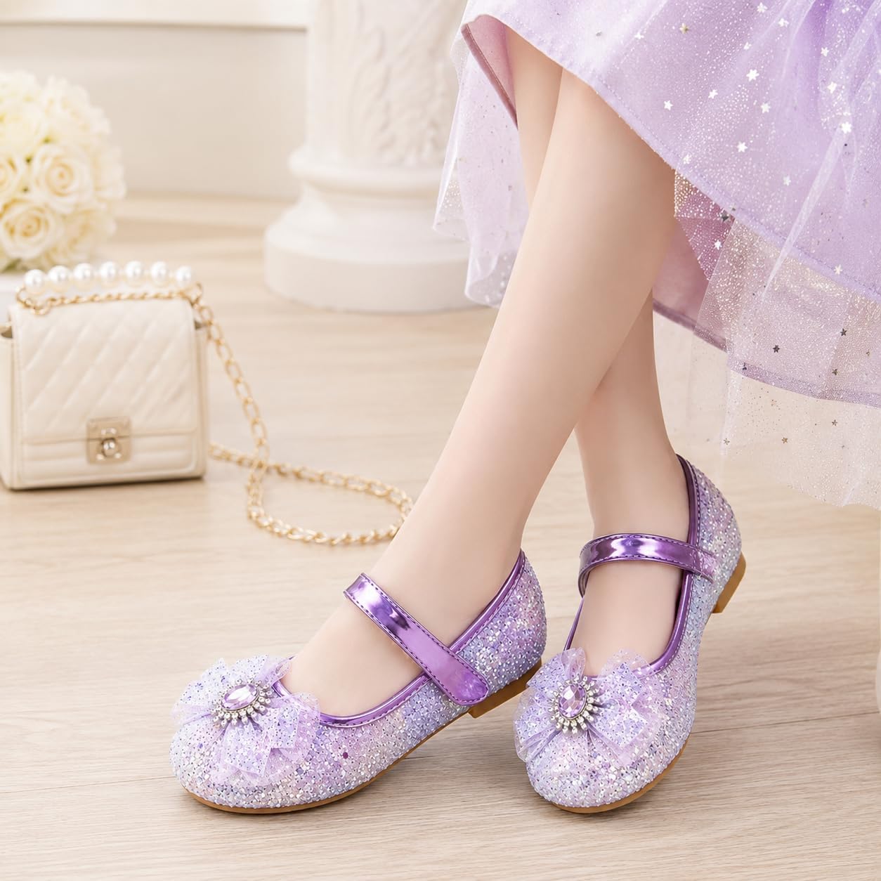 Girls Glitter Mary Jane Dress Shoes with Bow Rhinestone Princess Flats