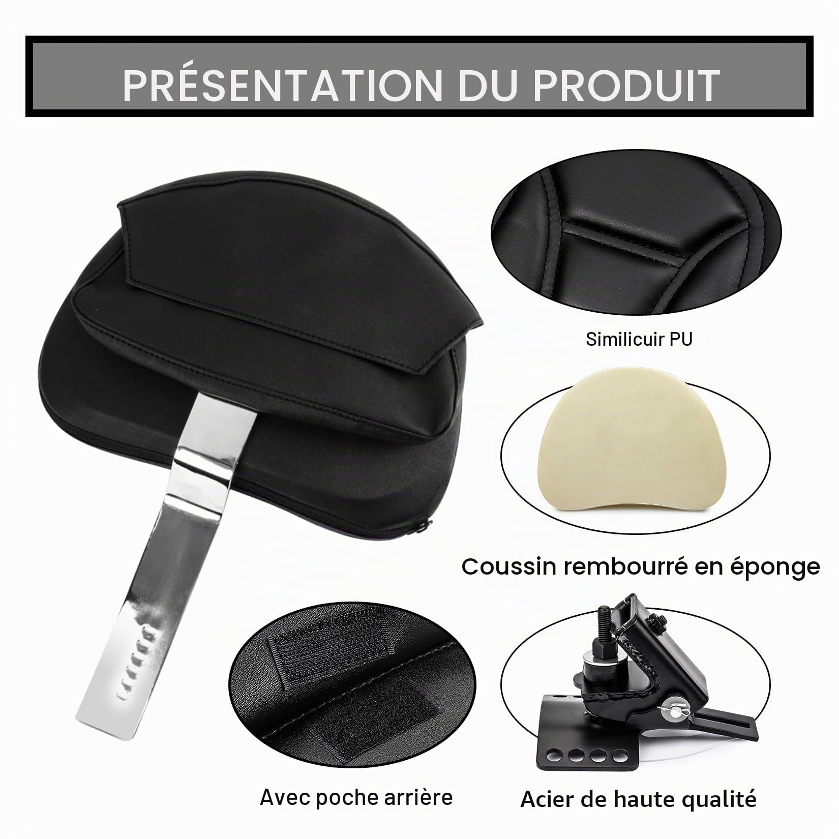 PSLER Dossier Conducteur Enfichable Coussin de Dossier Réglable pour Les Modèles Touring 1997-2022,Sissy Bar avec Une Base Fendue(Chromé)