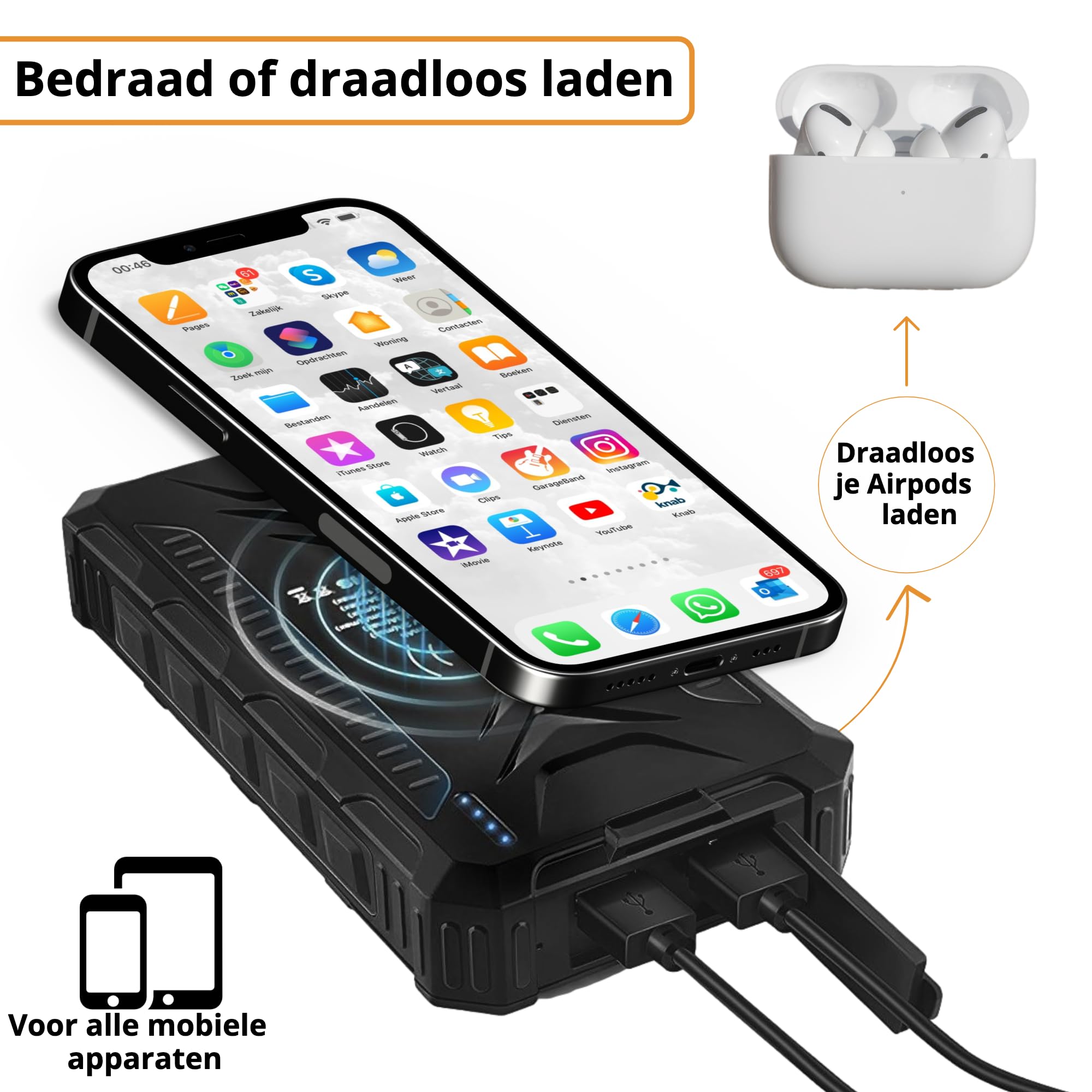Solar Powerbank 36000 mAh Cargador Inalámbrico - Powerbank Solar - USB & USB-C (Negro)