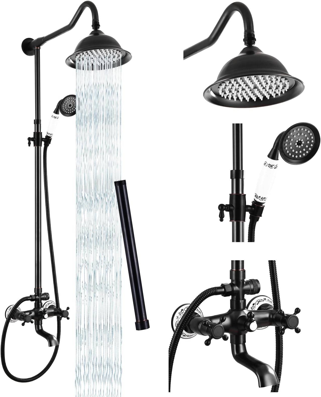 Shower Faucet Set Complate Oil Rubbed Bronzed Shower System 8 Rain Shower 2 Double Knobs Handle Triple Function Tub Spout Shower Fixture Combo Unit Set