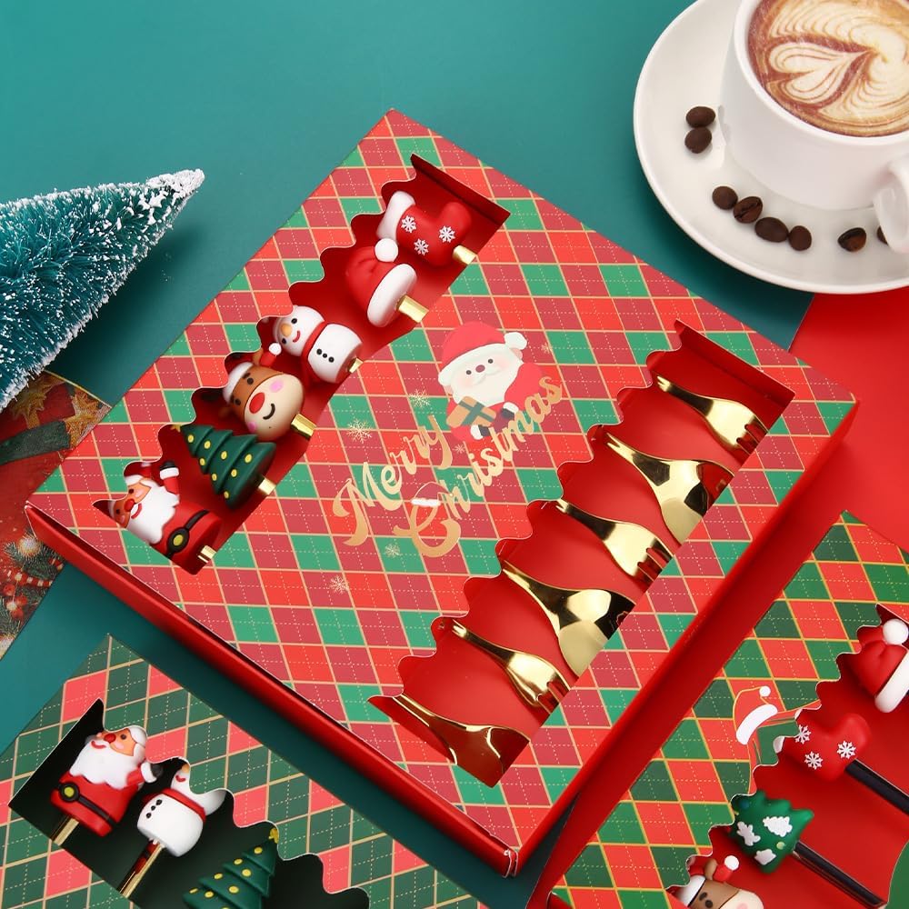 Silverware Flatware Set, 6/24/36/48/60/72pcs Cartoon Christmas Spoon Tableware Set Restaurant Dessert Coffee Spoon Fruit Spoon Gold Gift Spoon(Green,4Set)