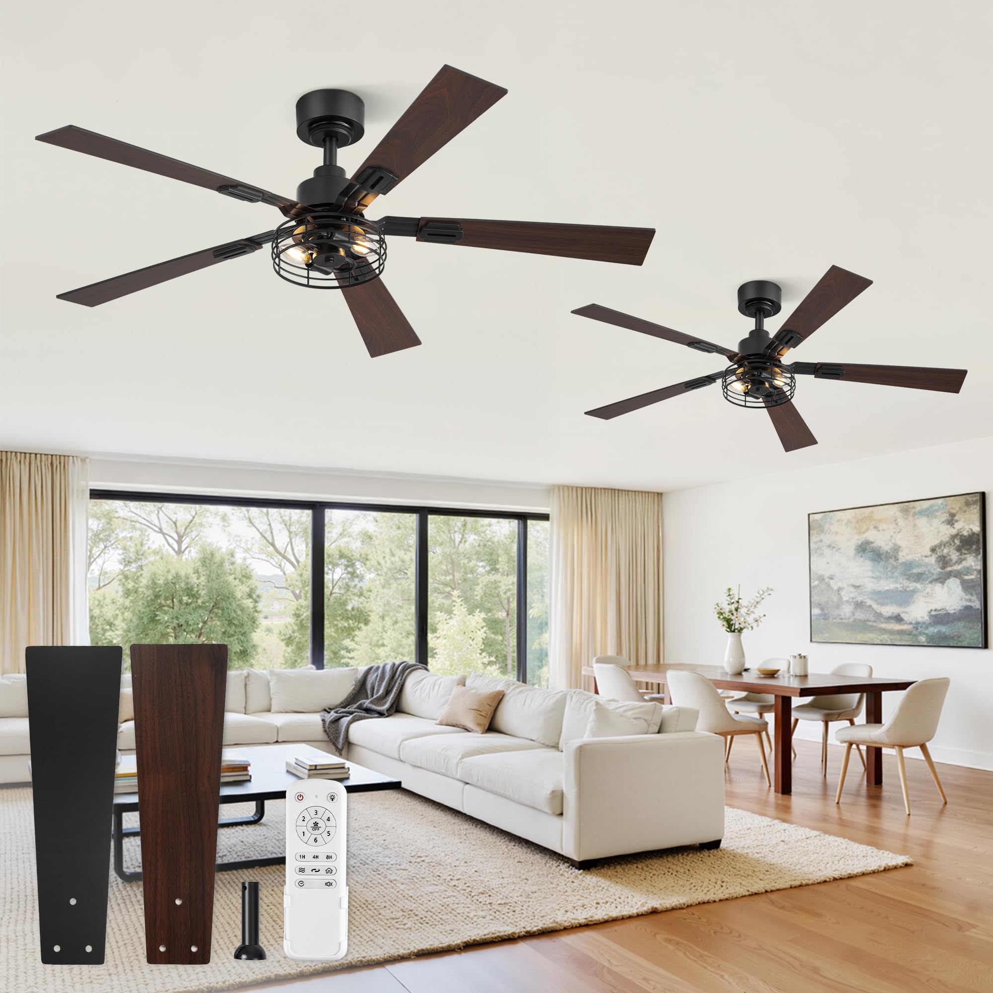 Photo 1 of Fanbulous 48 Inch Farmhouse Ceiling Fan with Light and Remote, Rustic Caged Ceiling Fans with 3 Timers, Quiet DC Motor, 5 Dual-Finish Blade for Bedroom Kitchen Small Living Room, Black, 2-Pack