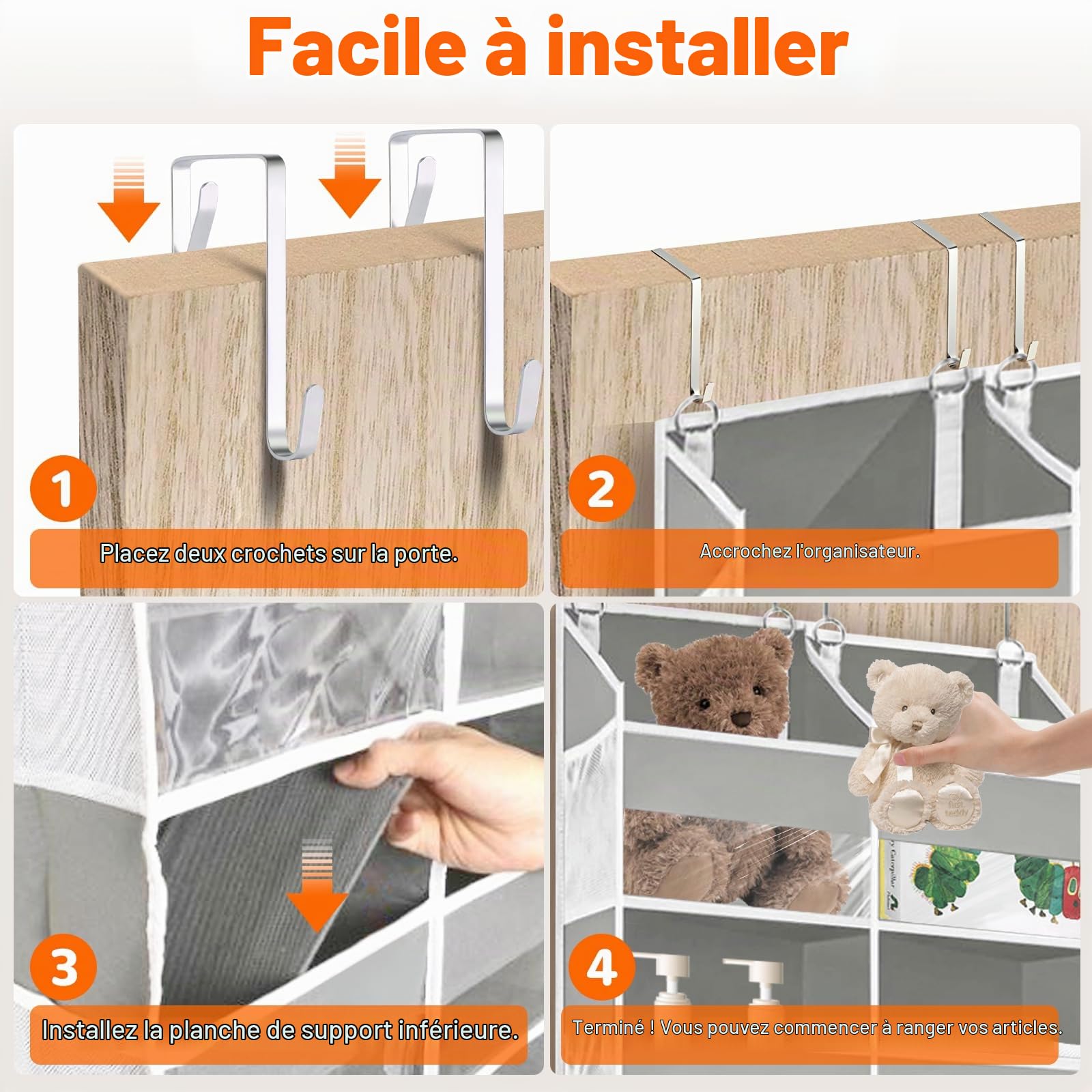 Rangement Suspendu de Porte 1 Pièce, Rangement Porte à Suspendre avec 10 Compartiments 10 Poches en Filet, Etagere Suspendue pour Chambre, Salle de Bain, Cuisine, Van, Camping, Gris