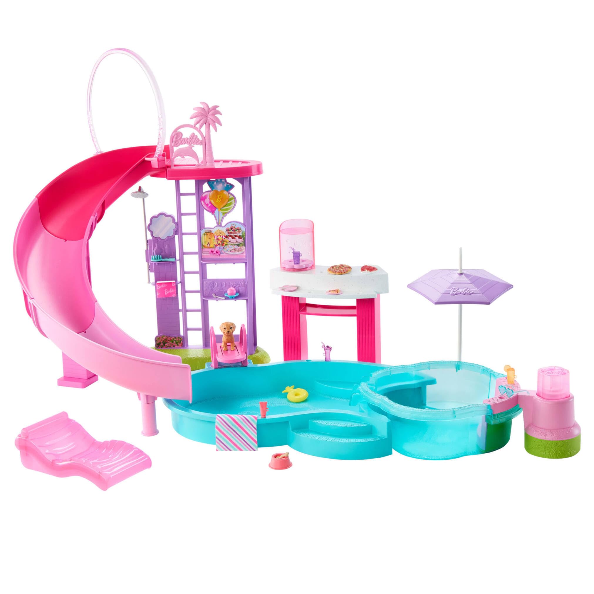Barbie Piscina de ensueño Conjunto de Juego con 6 Zonas de Juego, Incluyendo un Jacuzzi con tobogán y Burbujas, además de más de 20 Accesorios como Mascotas, flotadores y Mucho más, JKG83