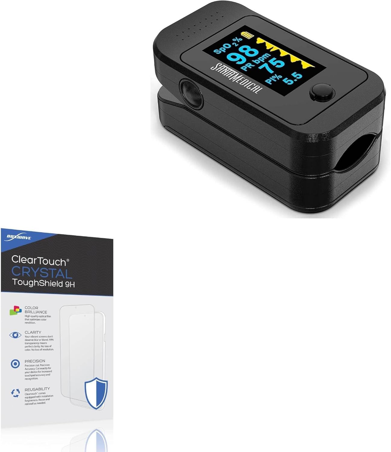 BoxWave Screen Protector Compatible with Santa Medical Dual Color OLED Pulse Oximeter – ClearTouch Crystal ToughShield 9H (2-Pack), Clear 9H Tough Flexible Film Screen Protector