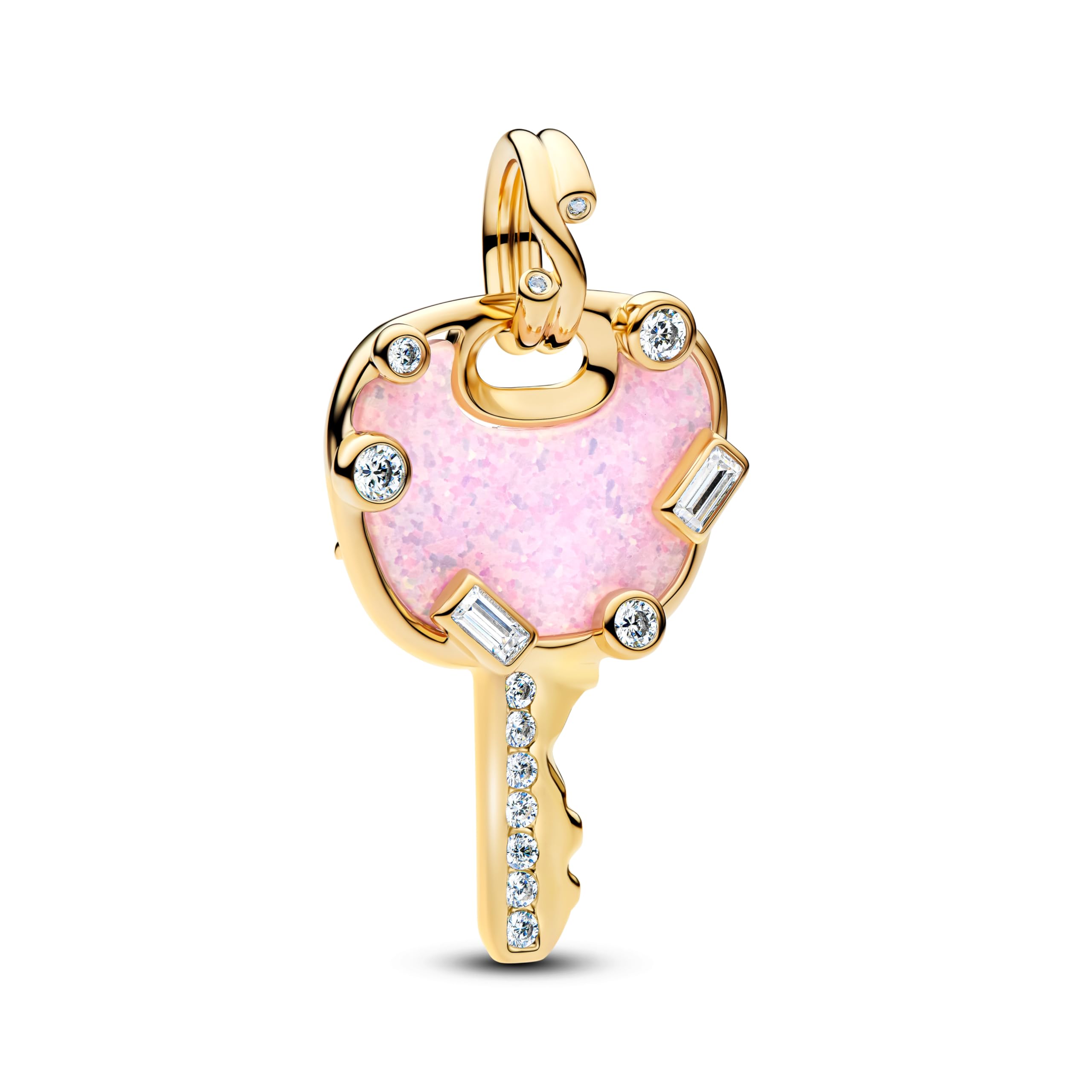 PANDORA Moments 764349C01 - Colgante grande con diseño de llave de amor rosa iridiscente con aleación de metal chapado en oro de 14 quilates y circonitas, compatible con ME y Moments