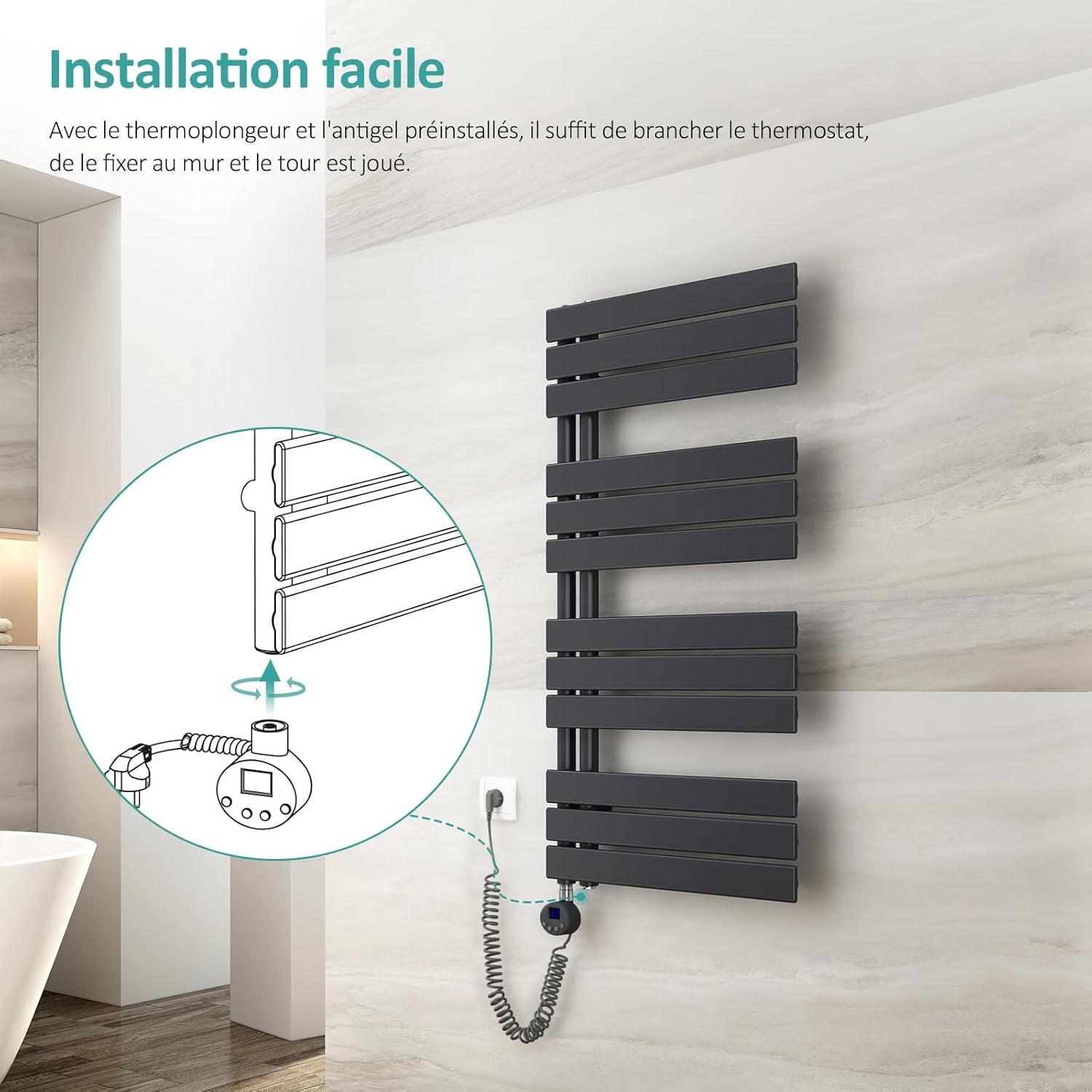 Diagram showing easy installation of the EMKE Electric Towel Warmer, plugging in the thermostat.