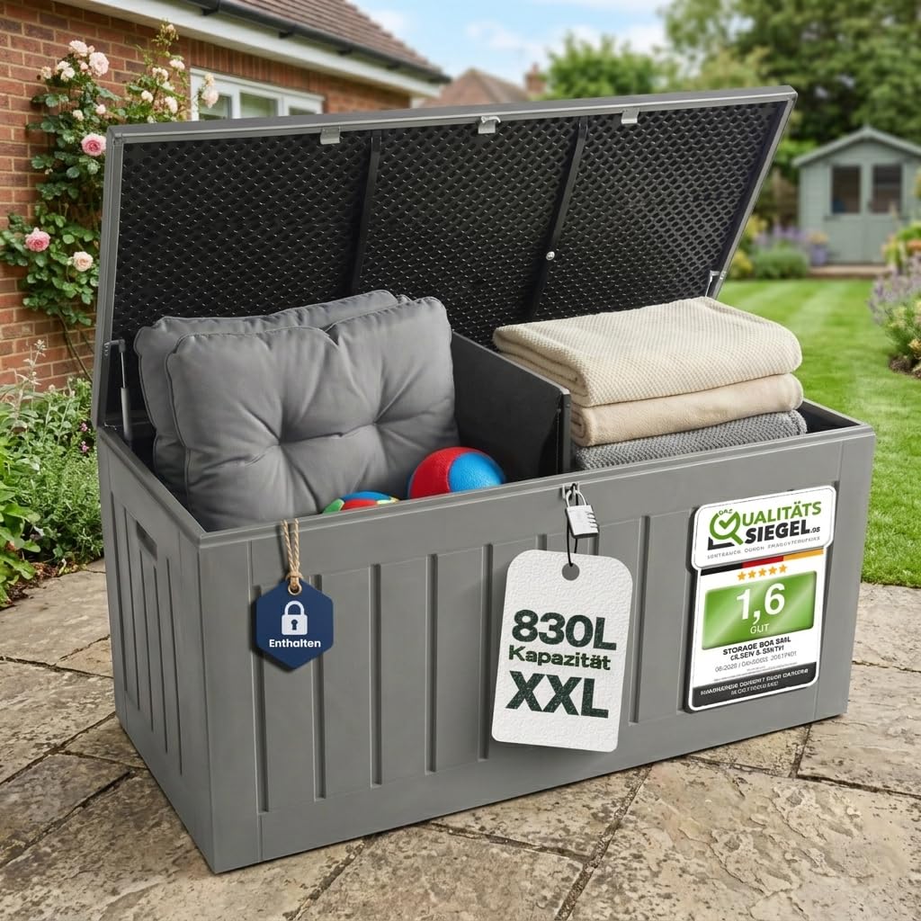 Olsen & Smith Abschließbare XXL 830L Aufbewahrungsbox mit Deckel Groß – Wetterfeste Gartenbox & Sitzbank mit Gasdruckfeder – Wasserdicht Auflagenbox & Kissenbox – Gartentruhe Anthrazit Holzoptik