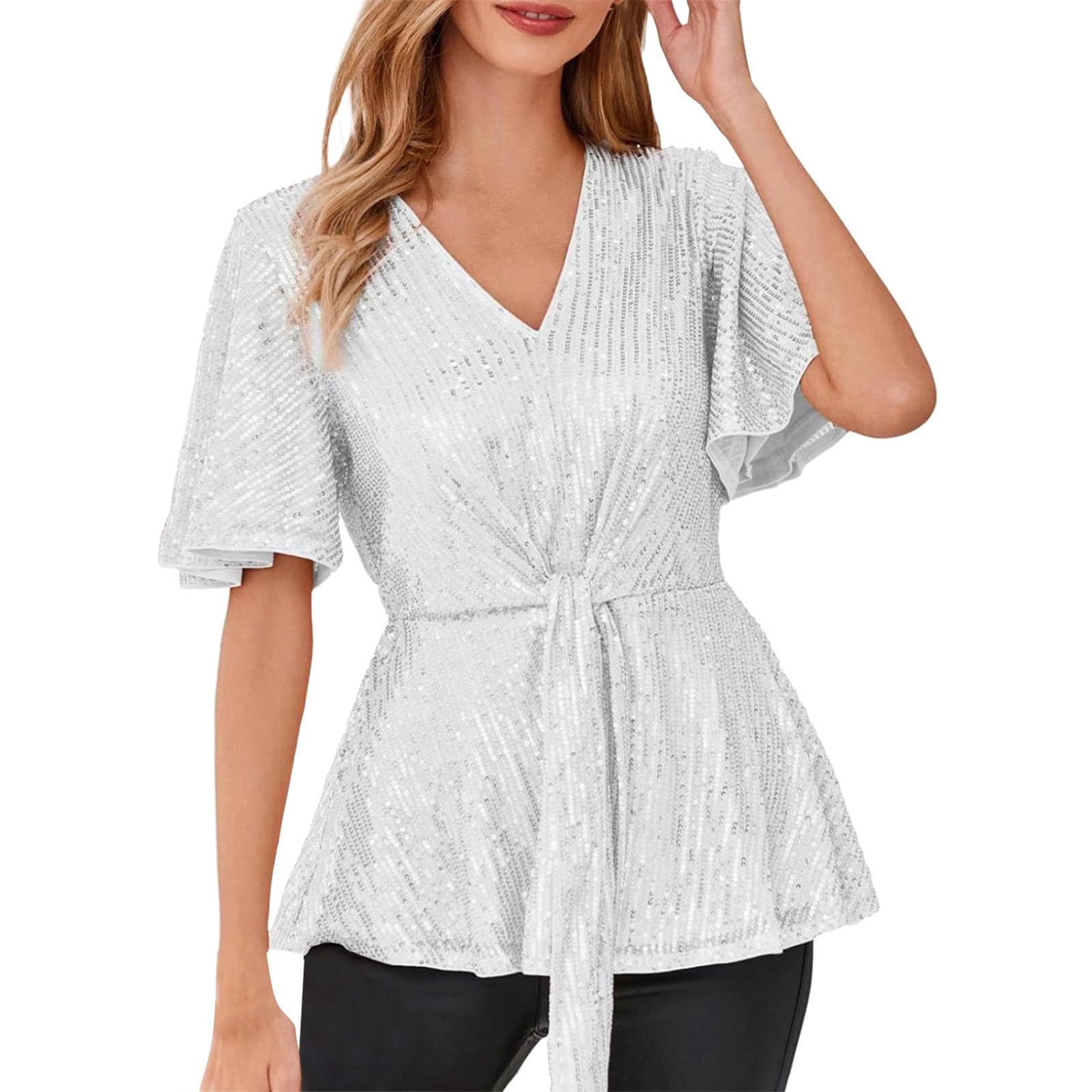 Top a lentejuelas para mujer, camiseta de noche, camiseta de cuello en V, elegante, camiseta de manga volante, alta elegante, color liso, camiseta holgada, camiseta de baile carnaval, camiseta