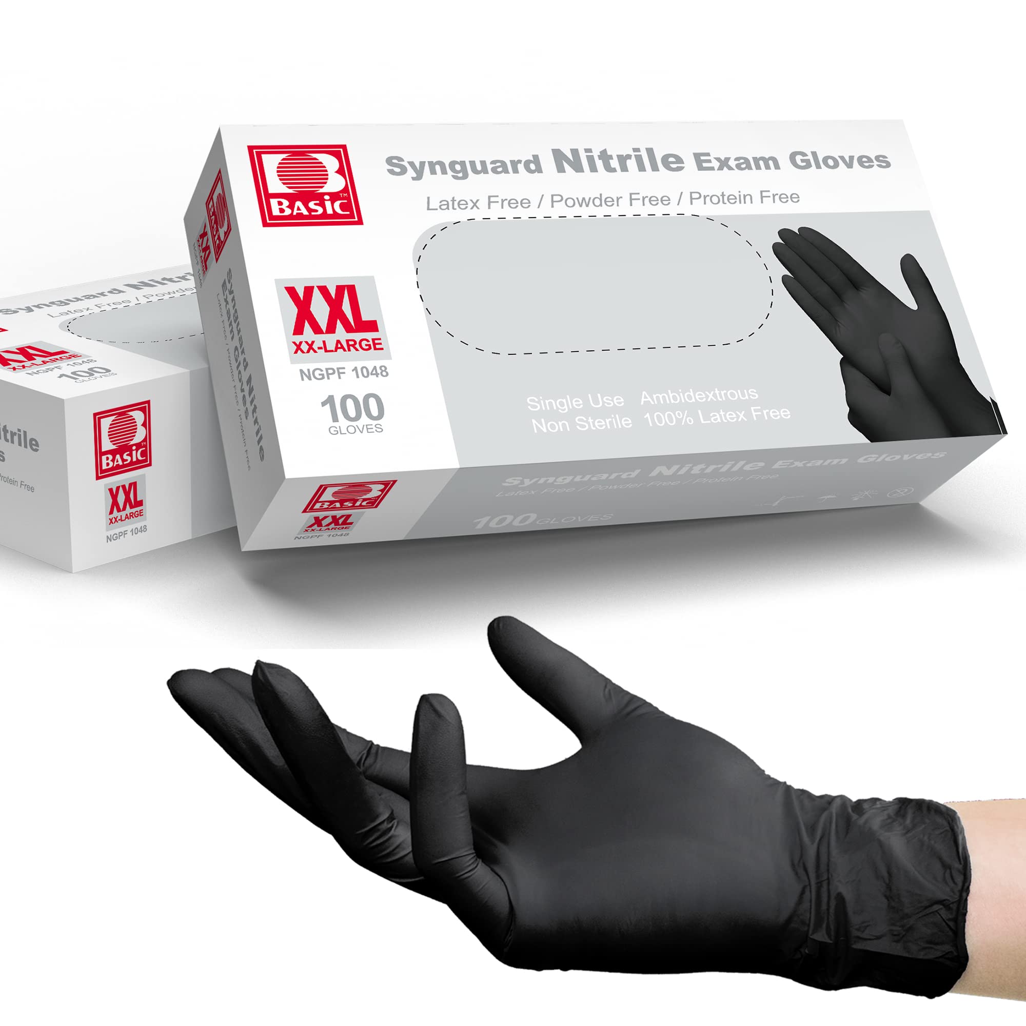 Basic Medical Black Nitrile Exam Gloves - Latex-Free & Powder-Free, 5 mil Gloves, NGPF-1048 (pack of 100), XX-Large