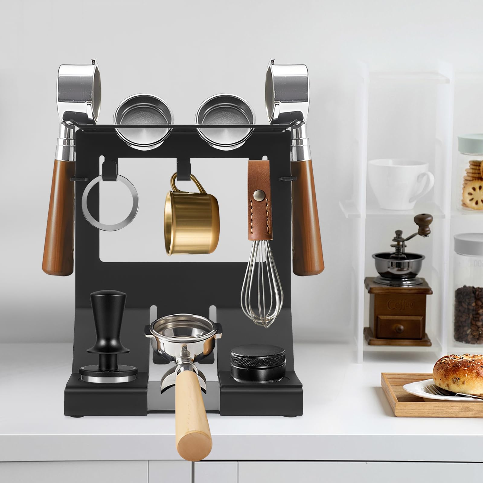 Aufbewahrungsregal für Kaffeezubehör, Barista Regal für Siebträger 58mm, stabiler Kaffee Werkzeughalter aus Eisen, Platzsparender Kaffee-Ausrüstung Aufbewahrungsregal für Küche & Café, schwarz