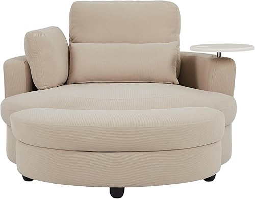 Miniatura 7 de Yoglad Silla redonda giratoria de gran tamaño, sillas de 360 grados con bandeja otomana para reposabrazos ideal para sala de estar, dormitorio (pana