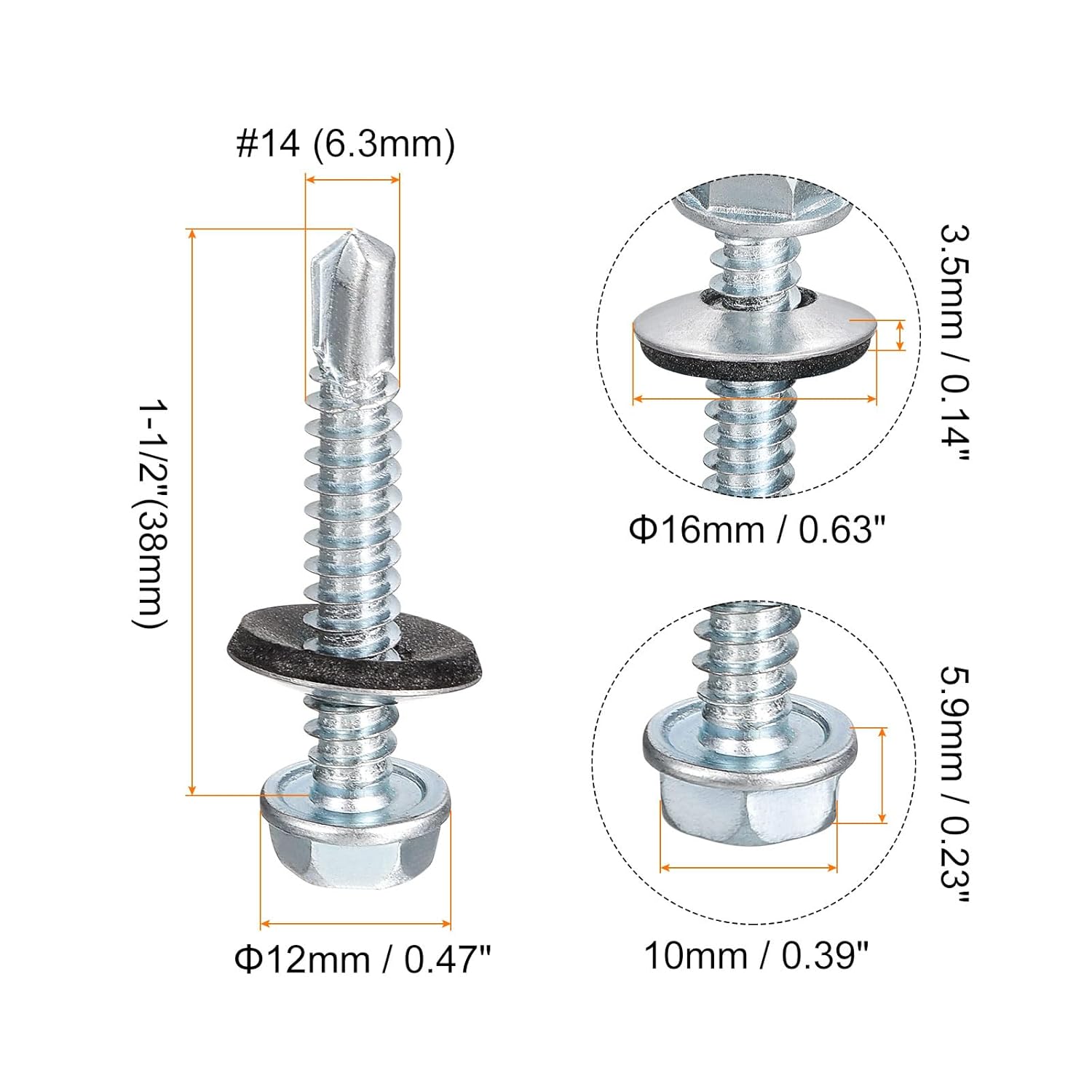 uxcell #14x1-1/2 Self Drilling Screws with Rubber Washer, 200Pcs Zinc Plated Finish Hex Head Self Tapping Screws with EPDM Washer for Metal