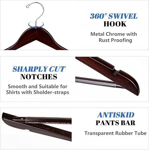 Miniatura 3 de Amber Home Perchas para abrigos de madera maciza, paquete de 20 perchas de madera con acabado de nogal suave con barra antideslizante para