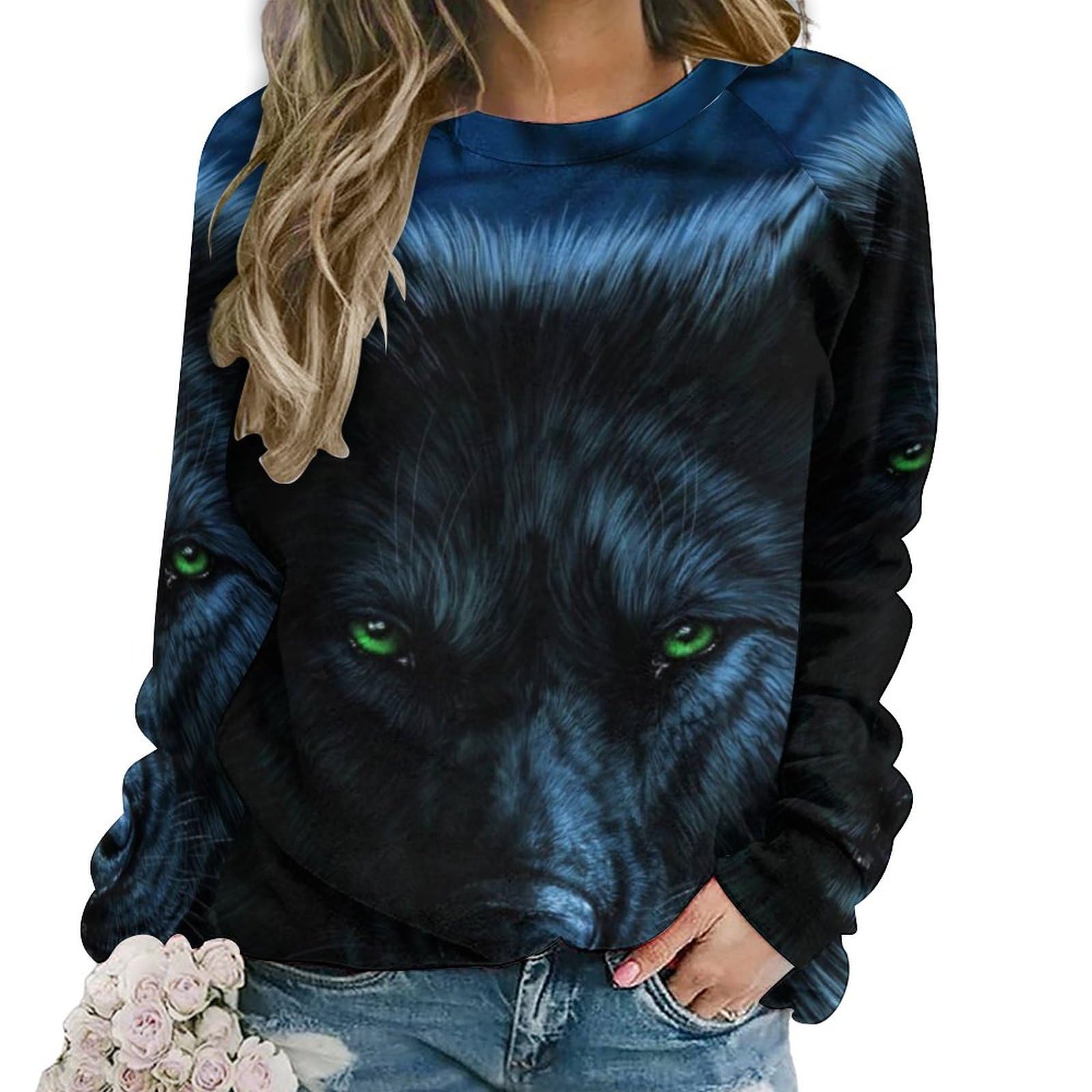 Qjjinxior Casual Ladies Jumper, Green Eyed Wolf Sweatshirts for Women, Crewneck Long Sleeve Top