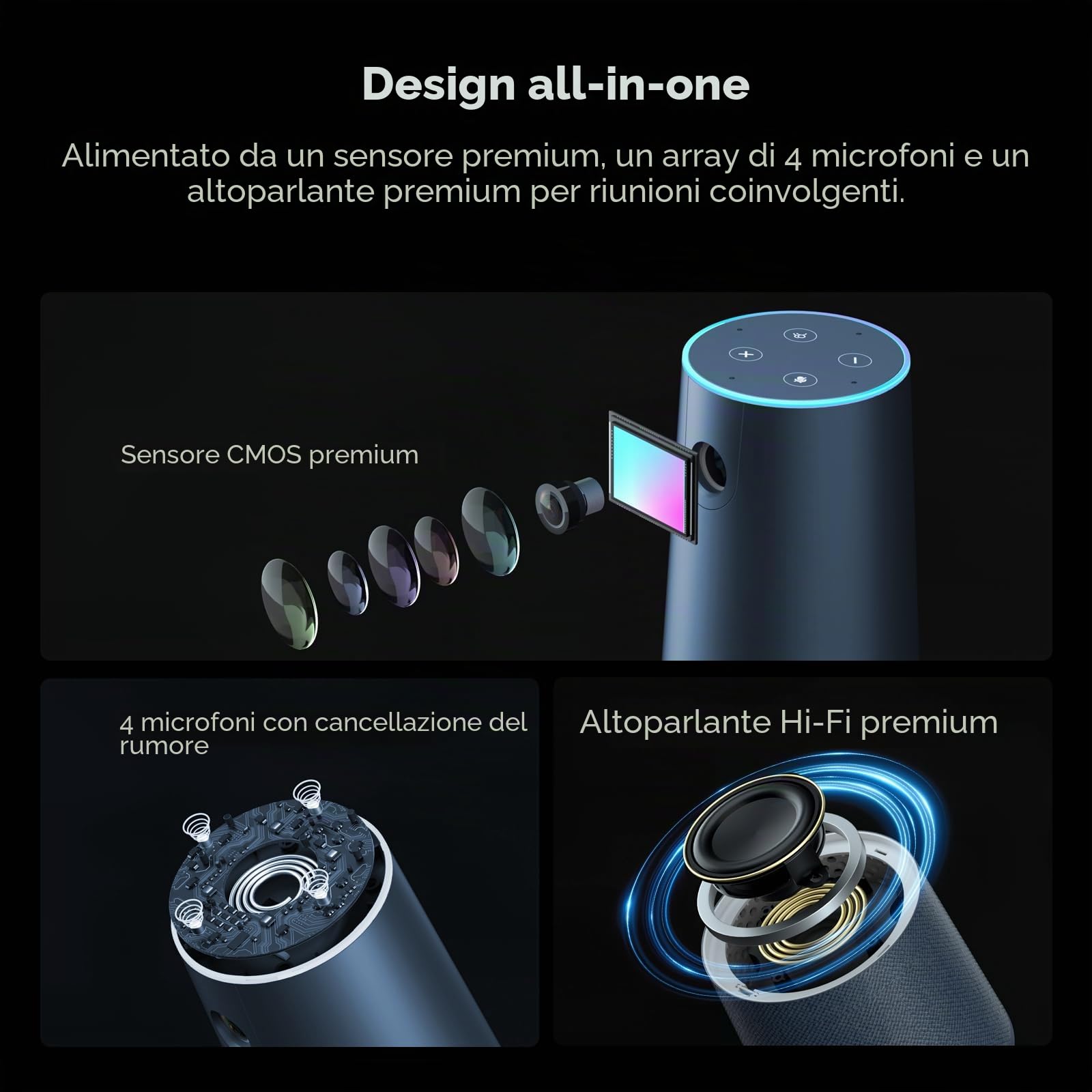 NEARITY C45 2K Webcam per Videoconferenze con Altoparlante e Microfono, Full HD 5X Zoom AI Auto-Framing, All-in-One Videocamera con Cancellazione del rumore, Plug-and-Play per Zoom/Teams/Google Meet