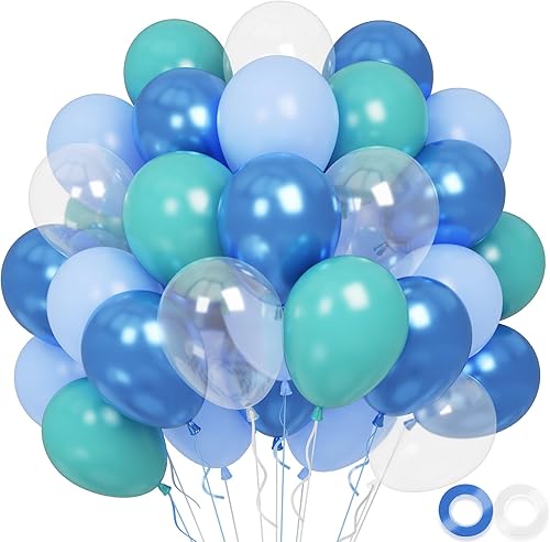 Globos azules, 60 globos de látex transparentes y metálicos de 12 pulgadas para cumpleaños, baby shower, decoración de fiesta de boda