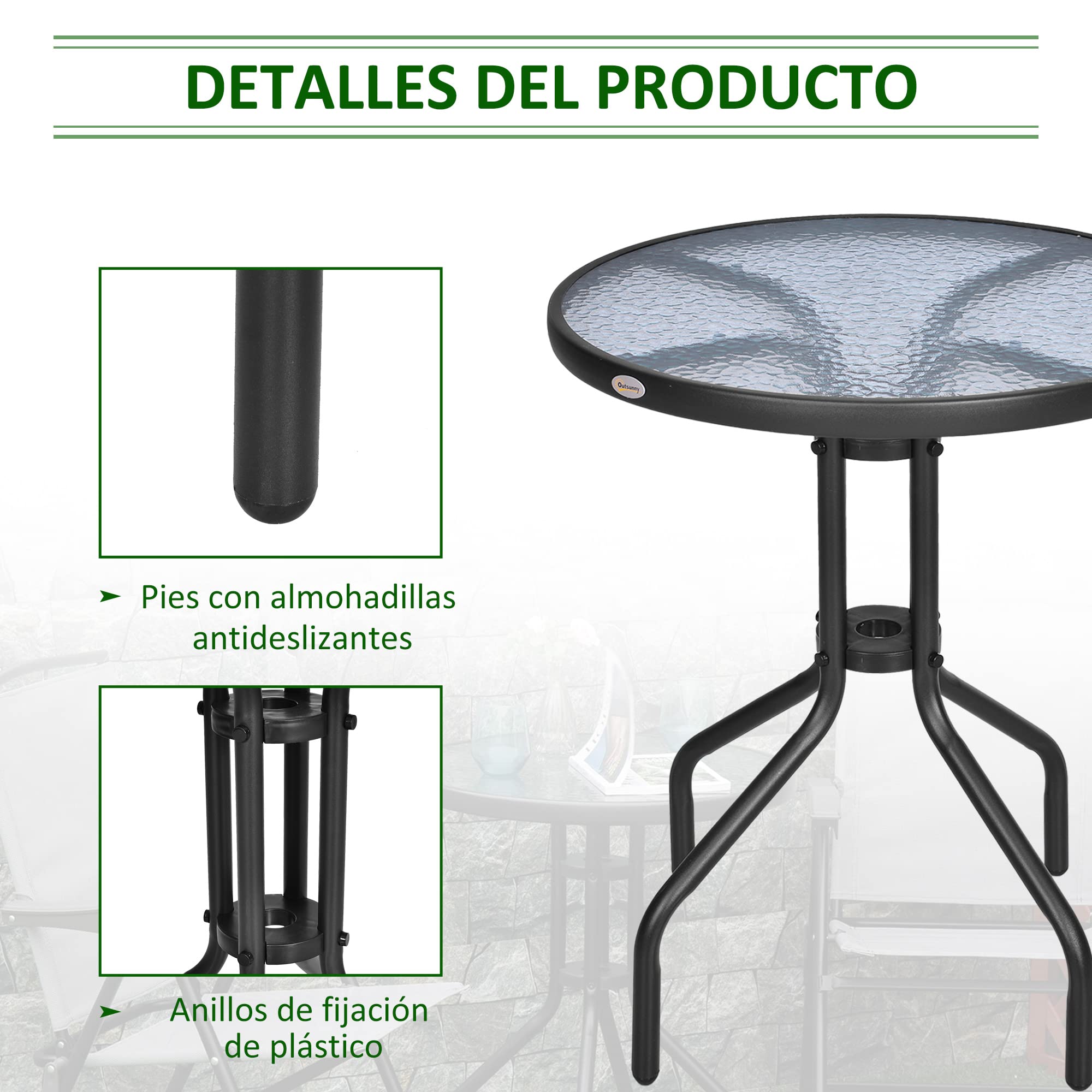 Outsunny Mesa de Jardín Redonda con Encimera de Vidrio Templado Decorativa y Marco de Metal para Patio Terraza Balcón Comedor Ø60x70 cm Negro
