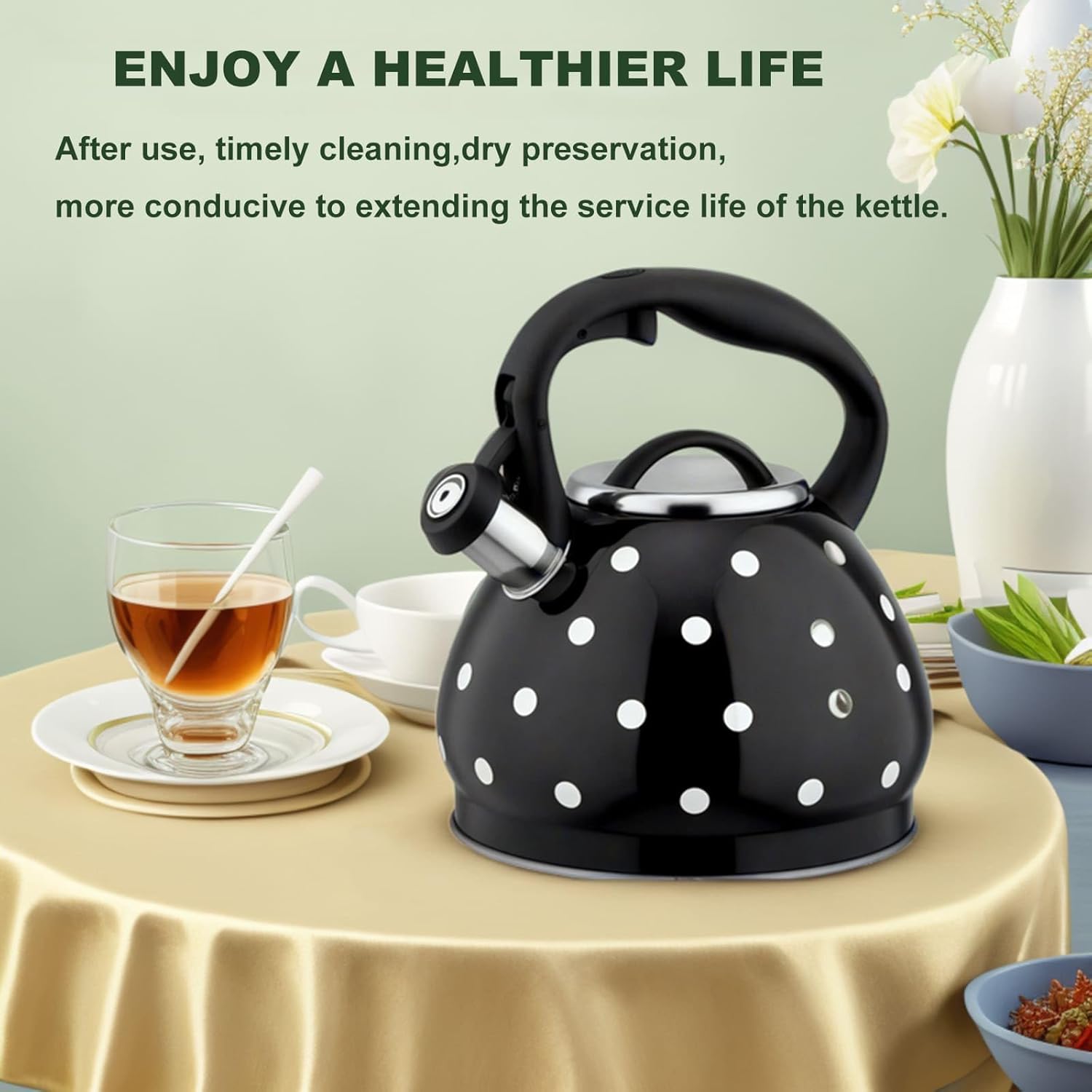 Polka Dot Tea Kettle Stovetop - 3.2 Quart Stainless Steel Whistling Kettle, Vintage Black & White Design, Gas & Electric Stove Safe, Induction