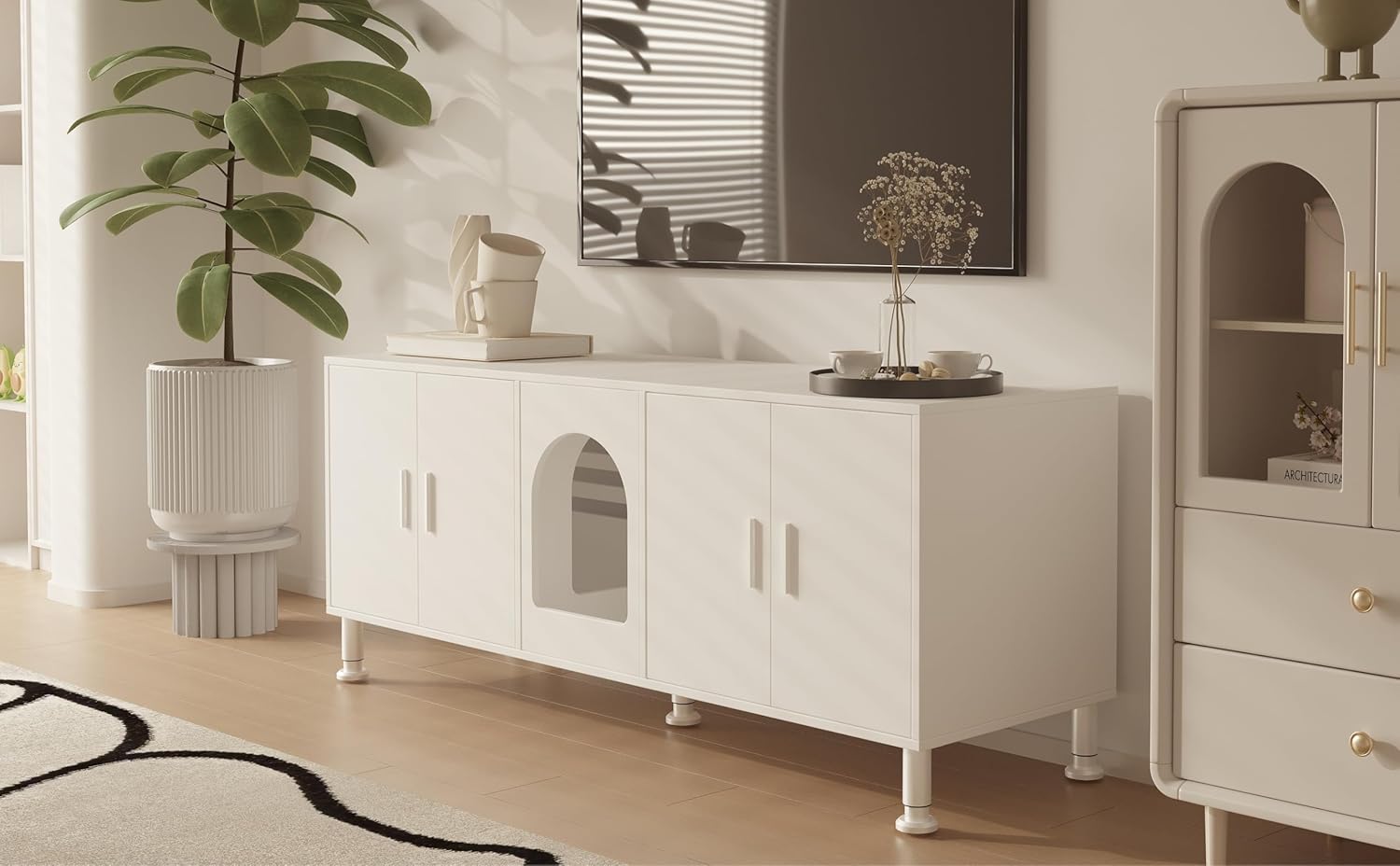 Amunbrek Double Litter Box Enclosure with Cat Scratch Mat & Motion Sensor Light, Modern Wooden Litter Box TV Stand for 2 Litter Boxes (White)