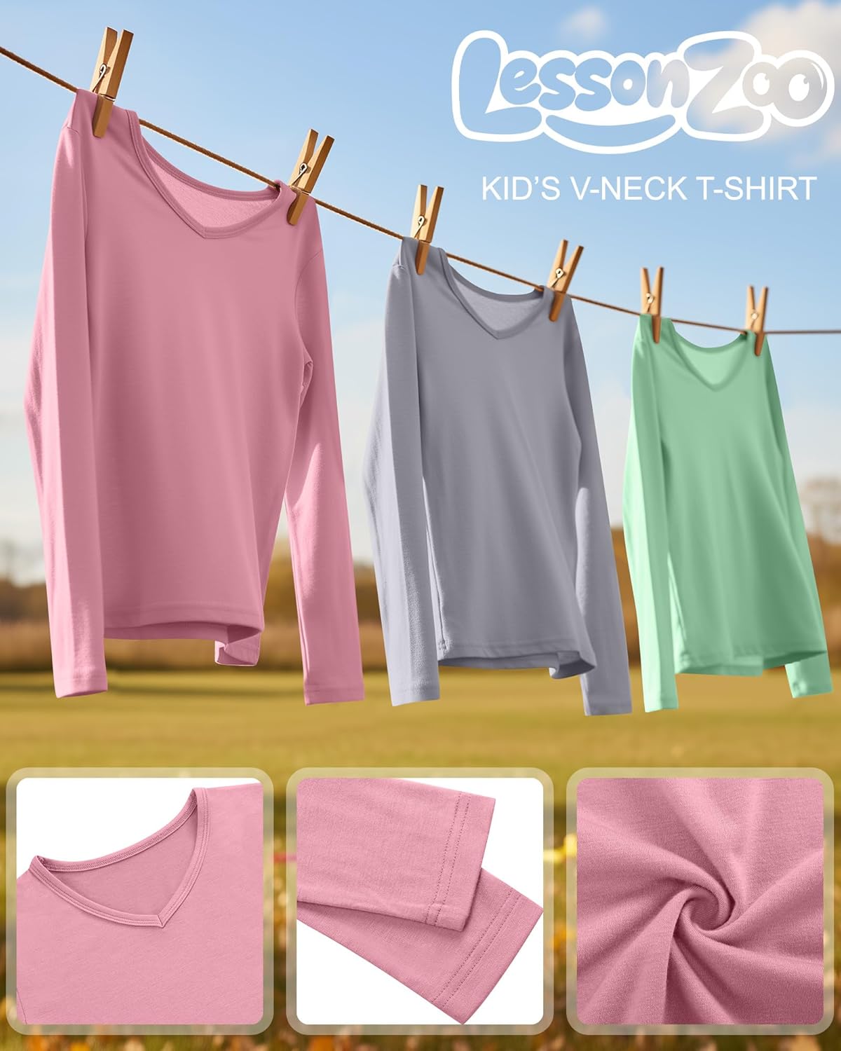 3 Pack Girls Long Sleeve T-Shirts 5-14 Years Kids Undershirts V Neck Base Layer Basic Lightweight Teen Youth Tops - Image 4