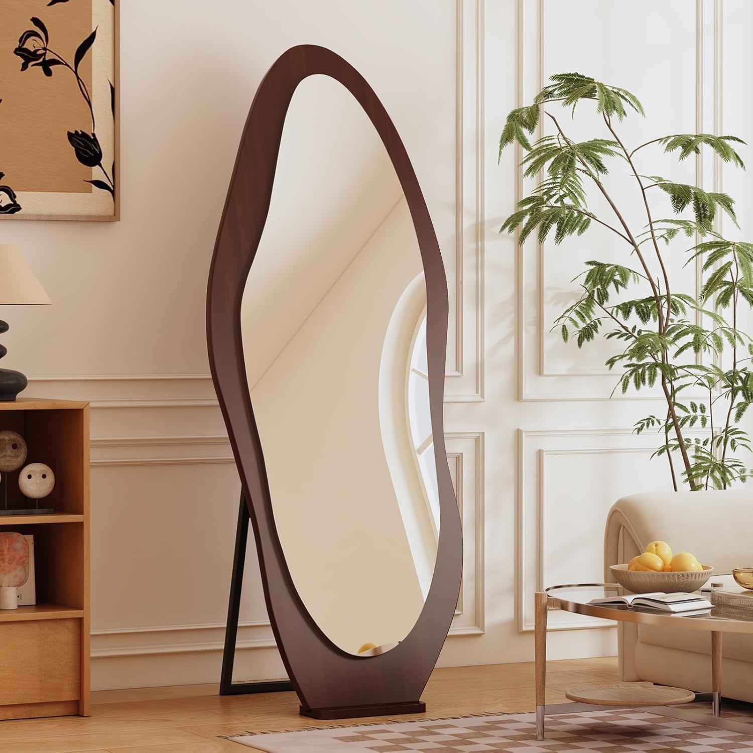 Wavy Mirror Full Length, 61"x 24" Solid Wood Irregular Full Length Wavy Wall Mirror, Shatter-Proof Hanging or Leaning Against Wall for Cloakroom/Bedroom/Living Room,Walnu