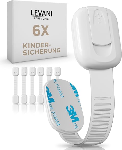 LEVANI® Child Safety Cupboard Locks – 6-Pack Baby Proofing Latches with 3M Adhesive – Child Locks for Drawers, Cabinets and Fridge – Adjustable Baby Safety Locks for Home - (White)