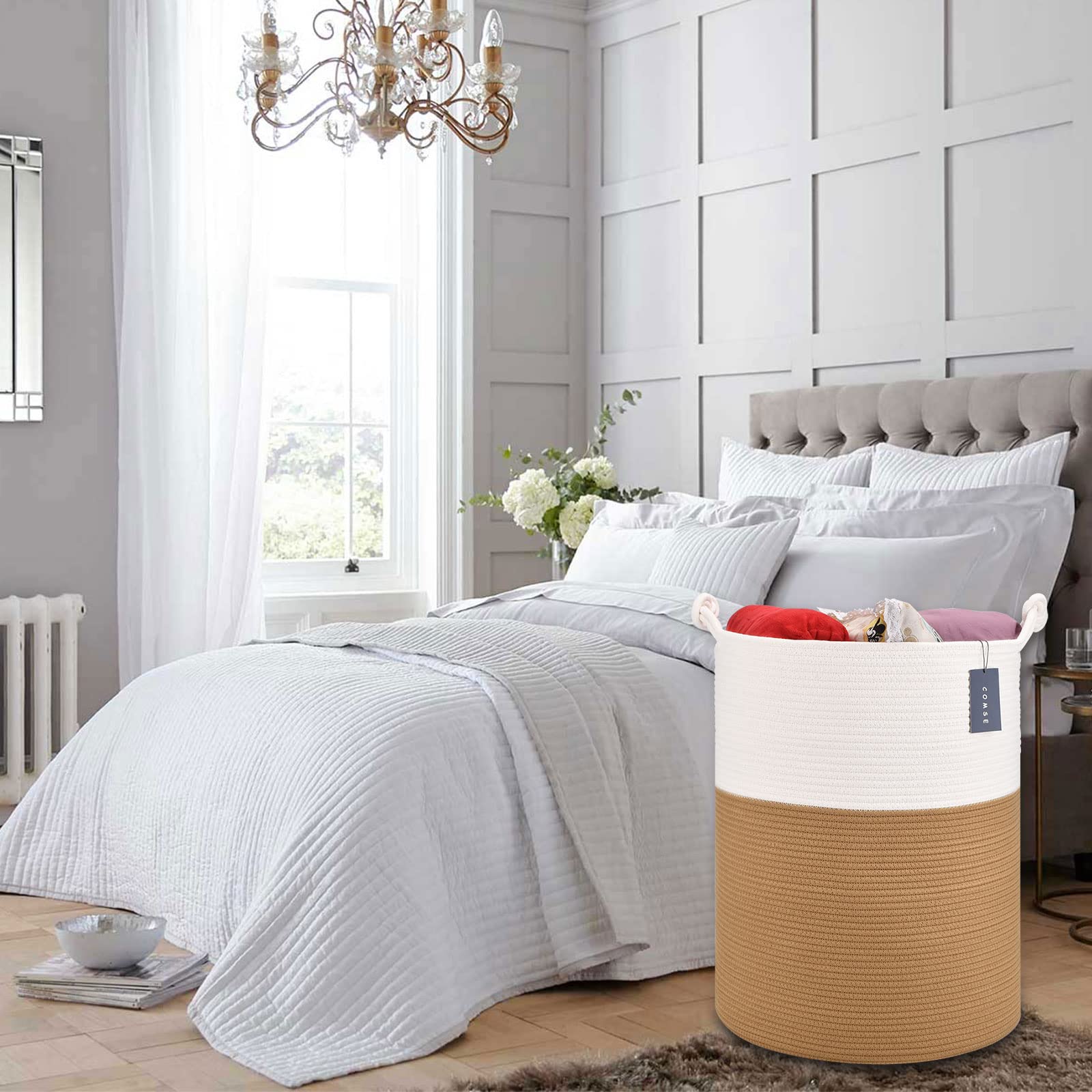 COMSE Panier de rangement extra large pour couverture, panier à linge, 40x55 cm, panier en corde de coton, rangement pour couverture pour salon, panier à jouets, paniers à vêtements, blanc/camel
