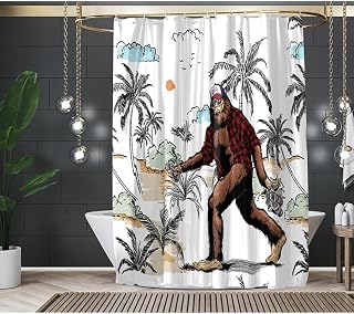 Beach Sasquatch Bathroom Shower Curtain Set Bigfoot Ape Beer Palm Tree Shower Curtains Home Decorative Waterproof Polyester Fabric with Hooks 72x72 Inch
