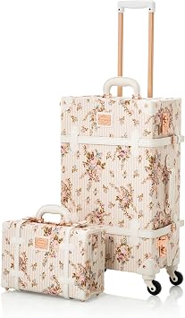 COTRUNKAGE Travel Vintage Luggage Sets 2 Pieces, Floral 4 Wheel Suitcase with Mini Vanity Case, Beige, TSA-Approved, Cabin-13Inch/Medium-24Inch