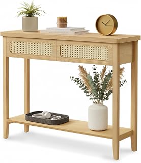 VASAGLE Boho Console Table for Entryway, Narrow Sofa Table with 2 Drawers, Open Storage Shelf, Rounded Corners, for Living Room, Hallway, Oak Beige ULNT016YC02