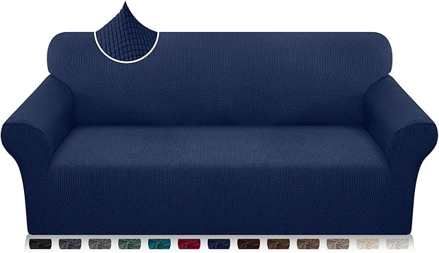Luxurlife High Stretch Sofa Covers 3 Seater Ultra Soft Stylish Couch Covers for Dogs and Kids Jacquard Spandex Furniture Protector With Elastic Bottom(3 Seater,Navy Blue)