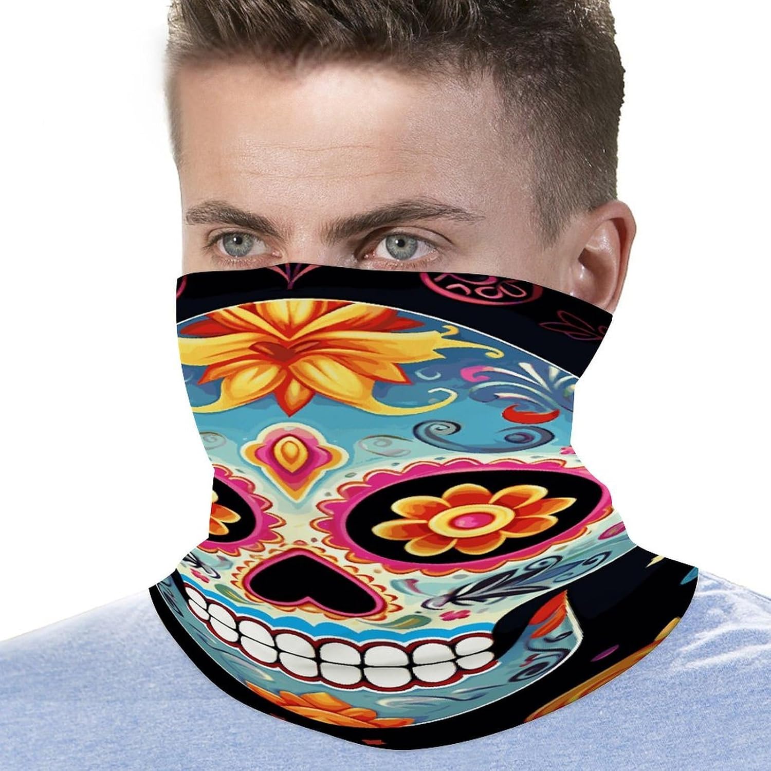 Sugar Skulls Cooling Neck Gaiter UV Protection Balaclava Bandana Breathable Face Mask Scarf Headwear White