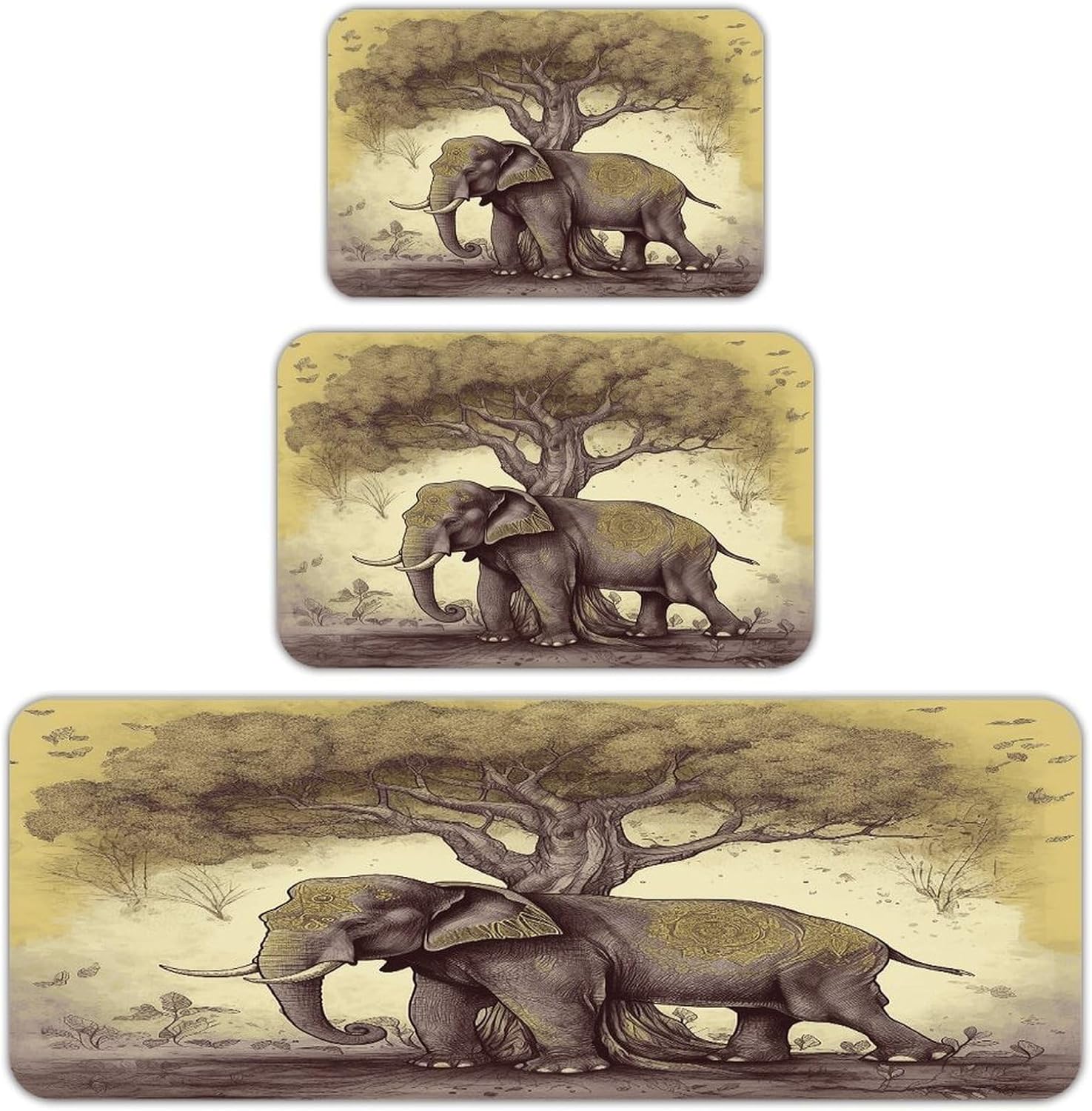 Asian Elephant with Tree Kitchen Mat Set of 3 Waterproof Floor Mats Non-Slip Kitchen Rugs Premium Flannel Rug Heavy Duty Standing Mat for Kitchen Home Bathroom Laundry