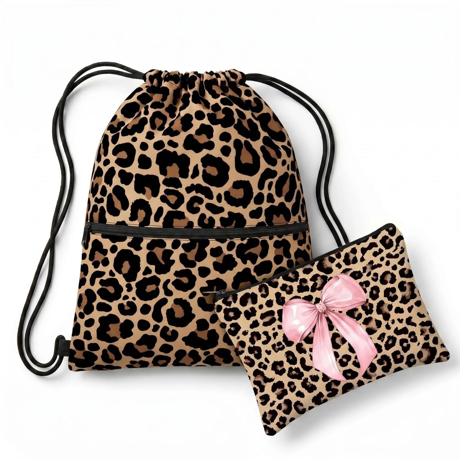 SINJAETRQ Waterproof Drawstring Swimming Bag with Zipper, Leopard Print Large Capacity Swim Bag, Waterproof PE Bag for Gym Beach Travel, Includes Matching Makeup Pouch (Bag+Pouch Set)
