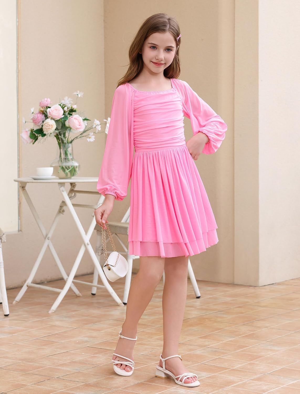 IBAKOM Teen Girl Puff Long Sleeve Square Neck Prom Dress Junior Homecoming Wedding Outfits Tween Fancy Pageant Birthday Dress