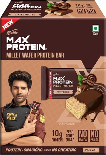 RiteBite Max Protein Coffee Mousse 10g Protein Millet Wafer Bars (Pack of 6), No Maida, No Palm Oil, Zero Added Sugar, Cru...