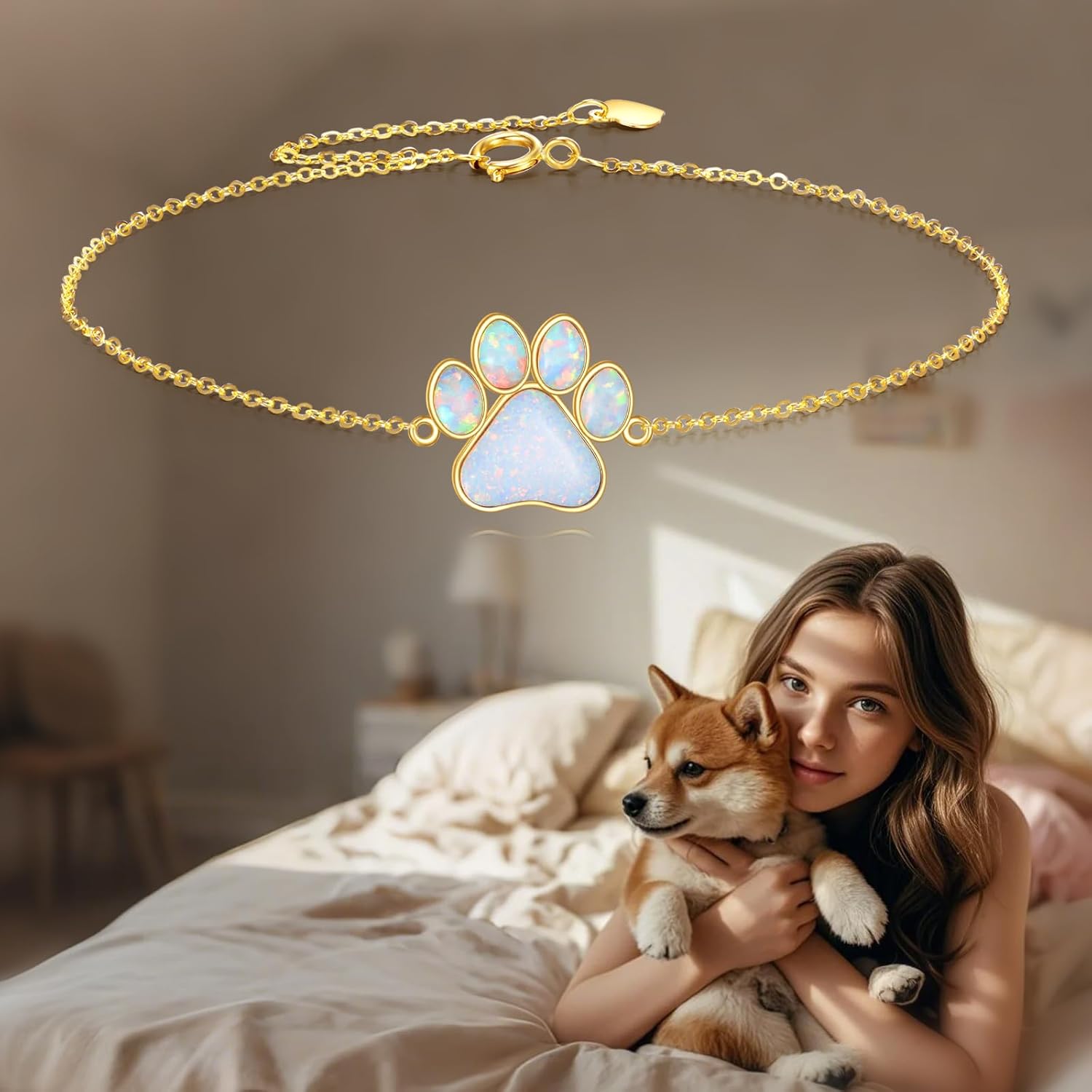 DOVRAN 14K Real Gold Paw Print Bracelet for Women Solid Yellow Gold Animal Lover Jewelry Birthday Gifts for Wife Mom Friends