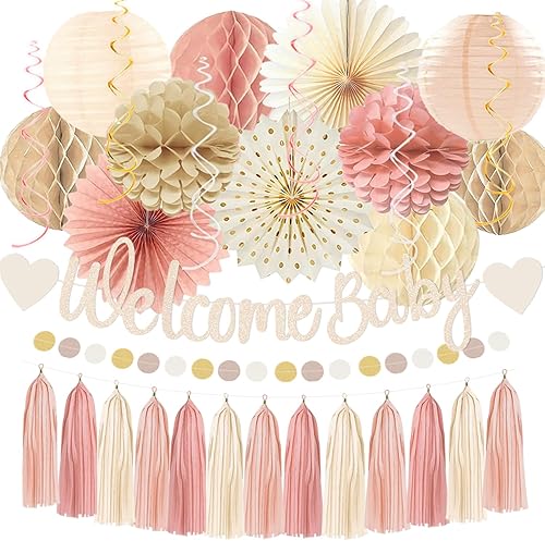 Dusty Pink Boho Baby Shower Party-Decorations Beige Champagne Girl Welcome Baby Banner Décor With Honeycomb Balls Paper Flowers Lanterns Pompom Fans Hanging Swirls Tassel Garland Party Backdrop