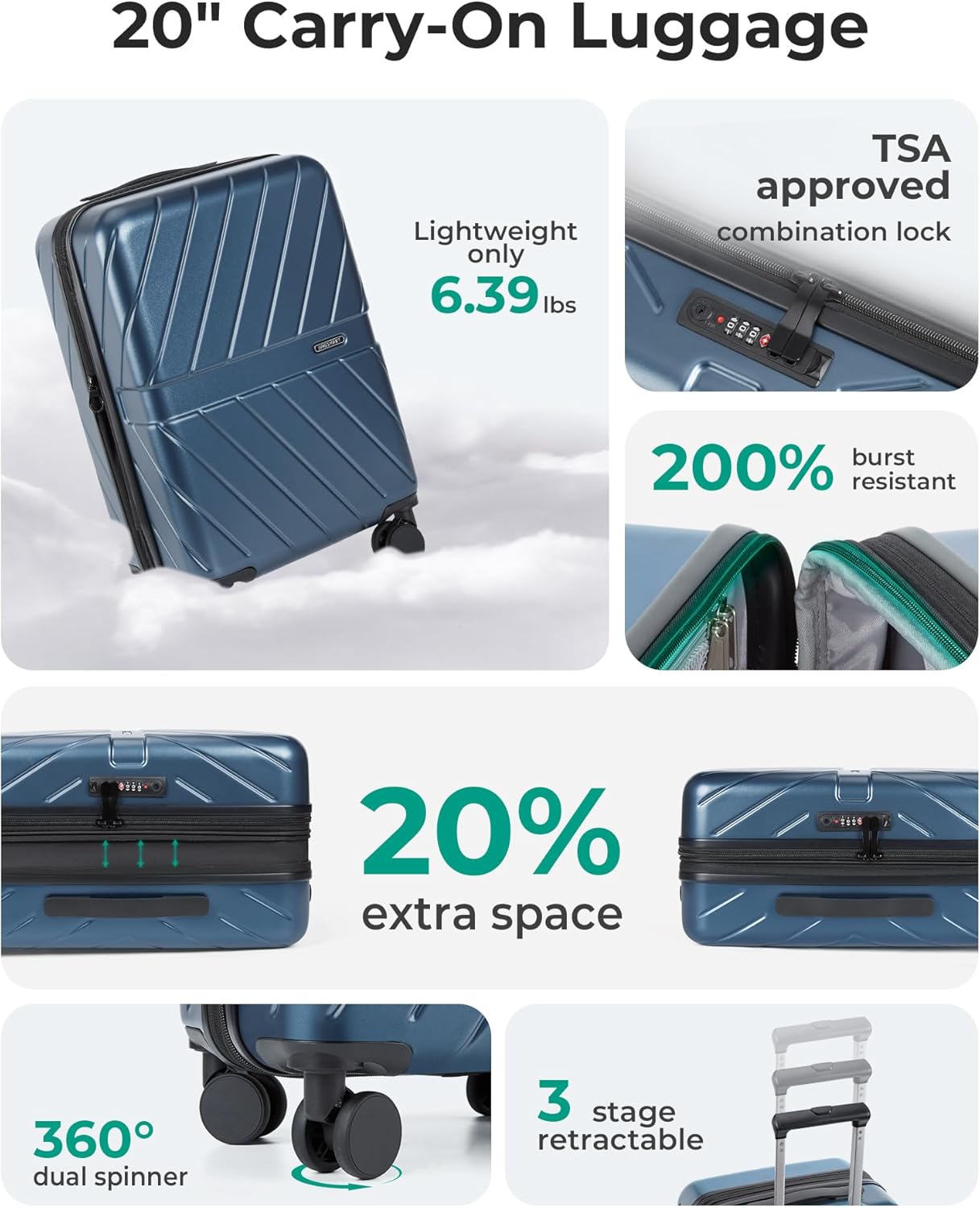 bagsmart carry on luggage 22x14x9 airline approved with tsa lock, 1oo% polycarbonate hardside luggage with spinner wheels, royal blue expandable carry-on 20-inch royal blue