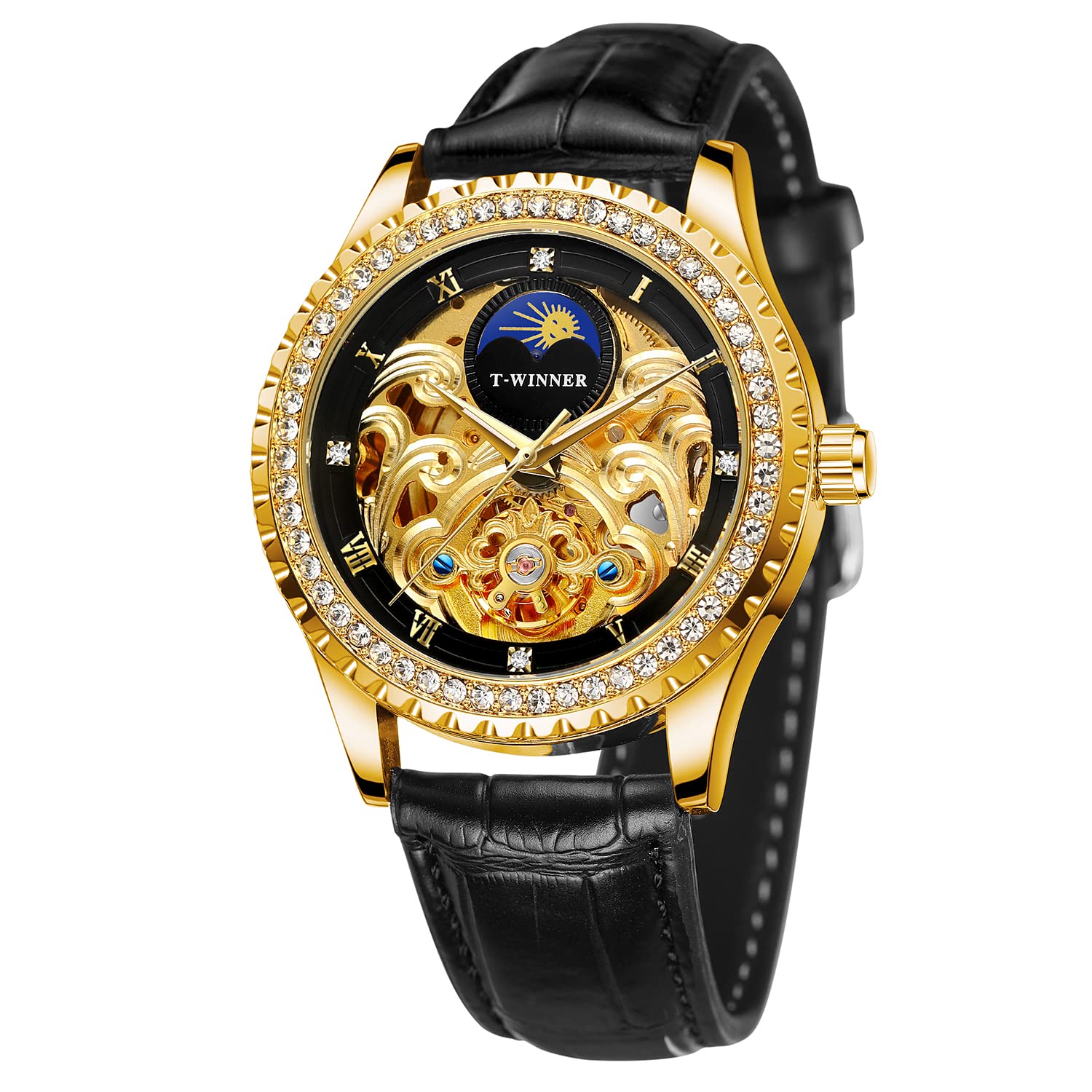 Forsining Herren-Armbanduhr wasserdicht automatisch selbstaufziehend Mondphase Diamant-Zifferblatt Lederband Tourbillon-Armbanduhr